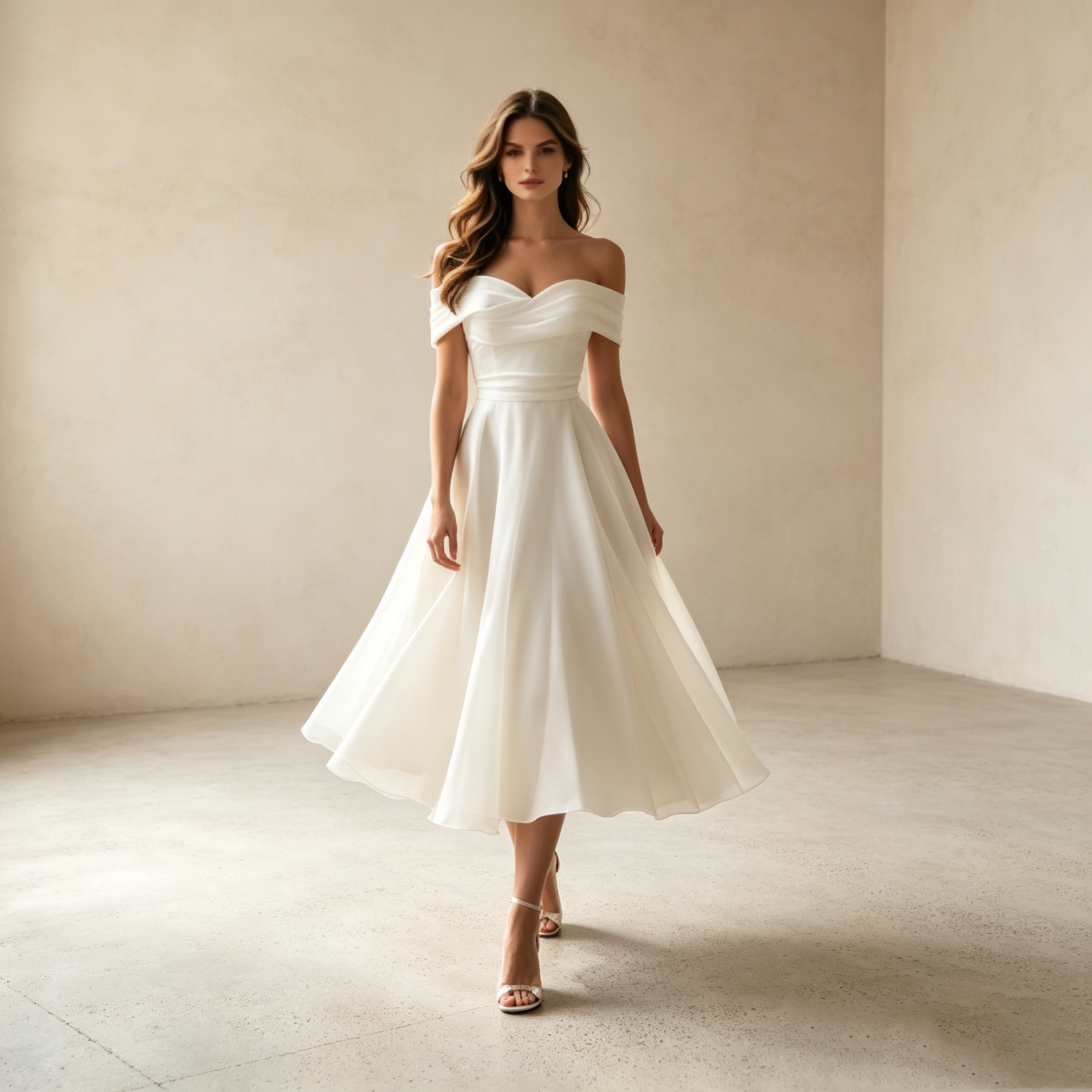 Pure Weiblichkeit: Elegantes Off-Shoulder Midikleid in strahlendem Weiß – Die perfekte A-Linie für deinen großen Auftritt