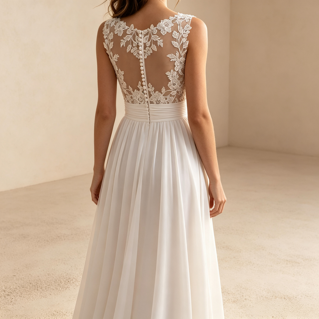 Chiffon-Maxikleid mit V-Ausschnitt, Spitzenmieder und Beinschlitz