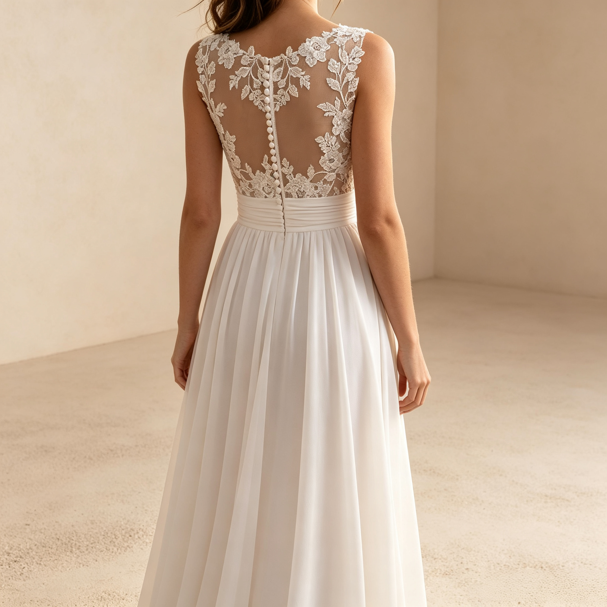 Chiffon-Maxikleid mit V-Ausschnitt, Spitzenmieder und Beinschlitz