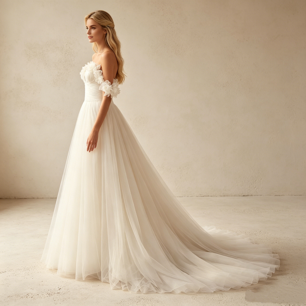 Elegantes Off-Shoulder Abendkleid mit 3D-Blumen und Beinschlitz