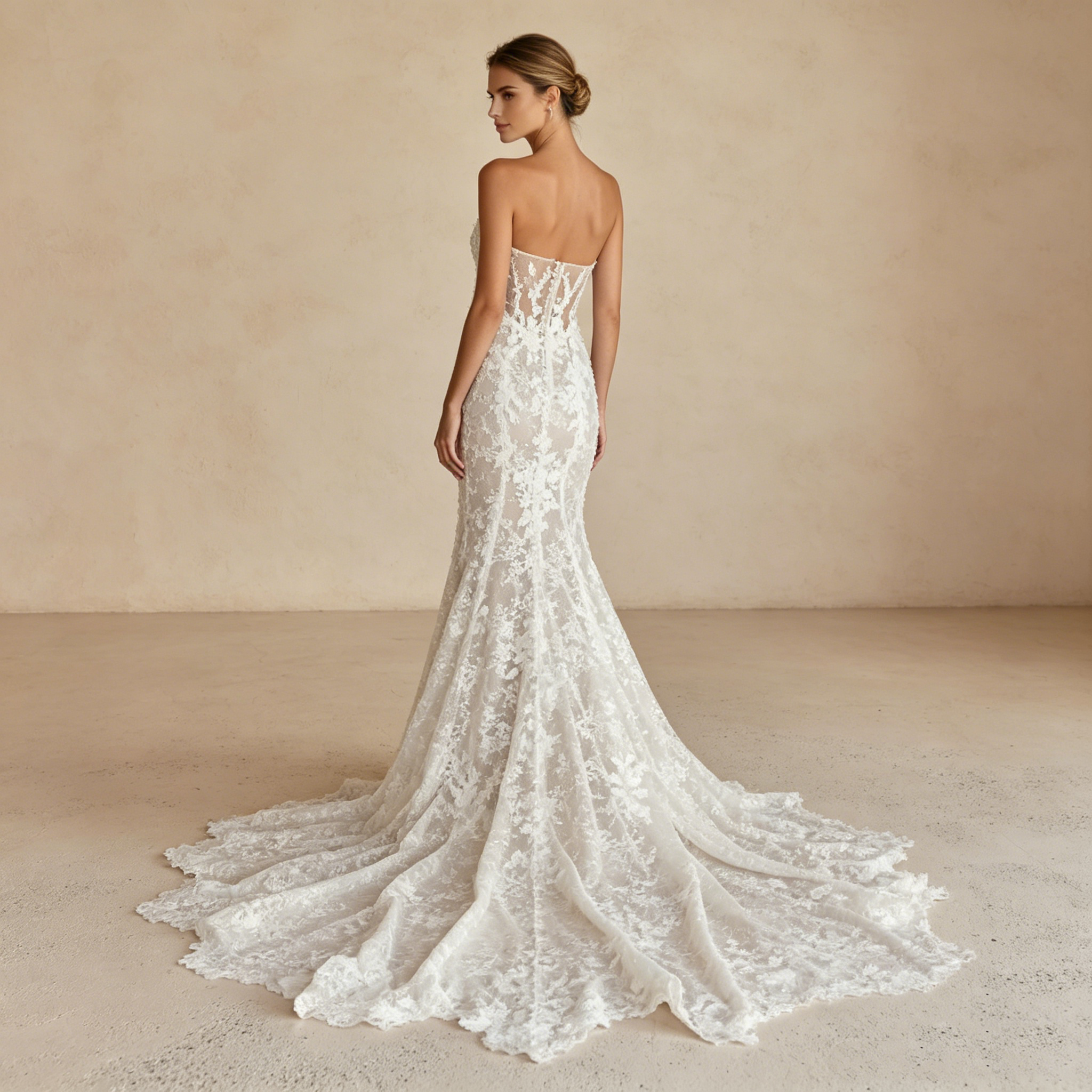 Luxuriöses Spitzen-Maxikleid in Elfenbein – Elegantes Abendkleid mit Schleppe & Meerjungfrau-Schnitt
