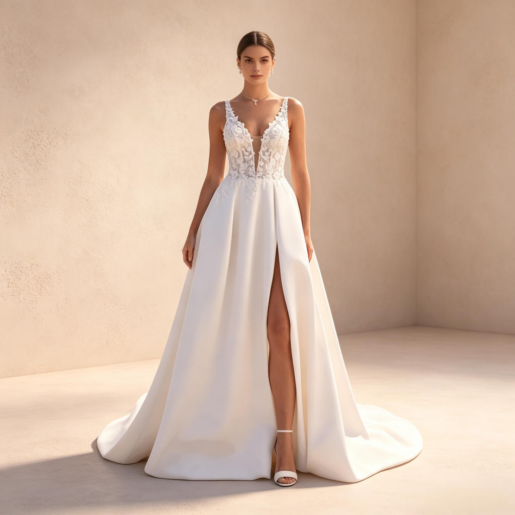 Bodenlanges Abendkleid in Elfenbein mit Spitzenoberteil, V-Ausschnitt, hohem Beinschlitz und A-Linie