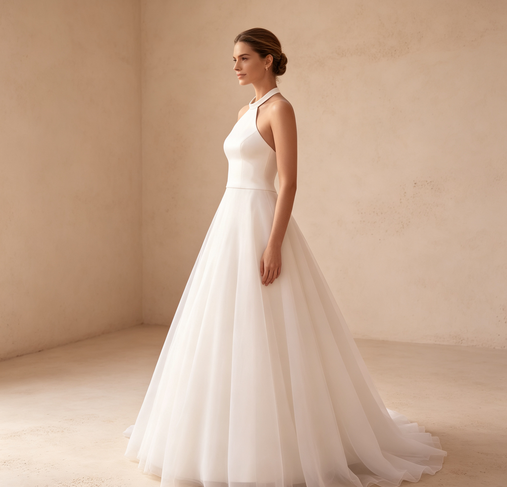 Weisses Neckholder Kleid mit ausladendem Tüllrock, figurbetontes Satin-Oberteil, langes Abendkleid für festliche Anlässe