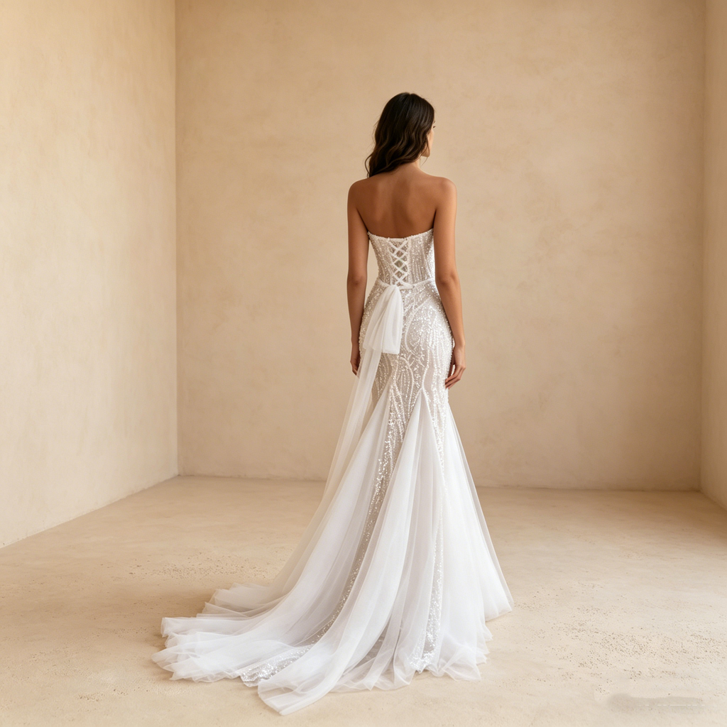 Exquisites Abendkleid in Elfenbein mit Perlenstickerei, Elegante Meerjungfrau-Silhouette, Ärmelloses Maxikleid für Besondere Anlässe