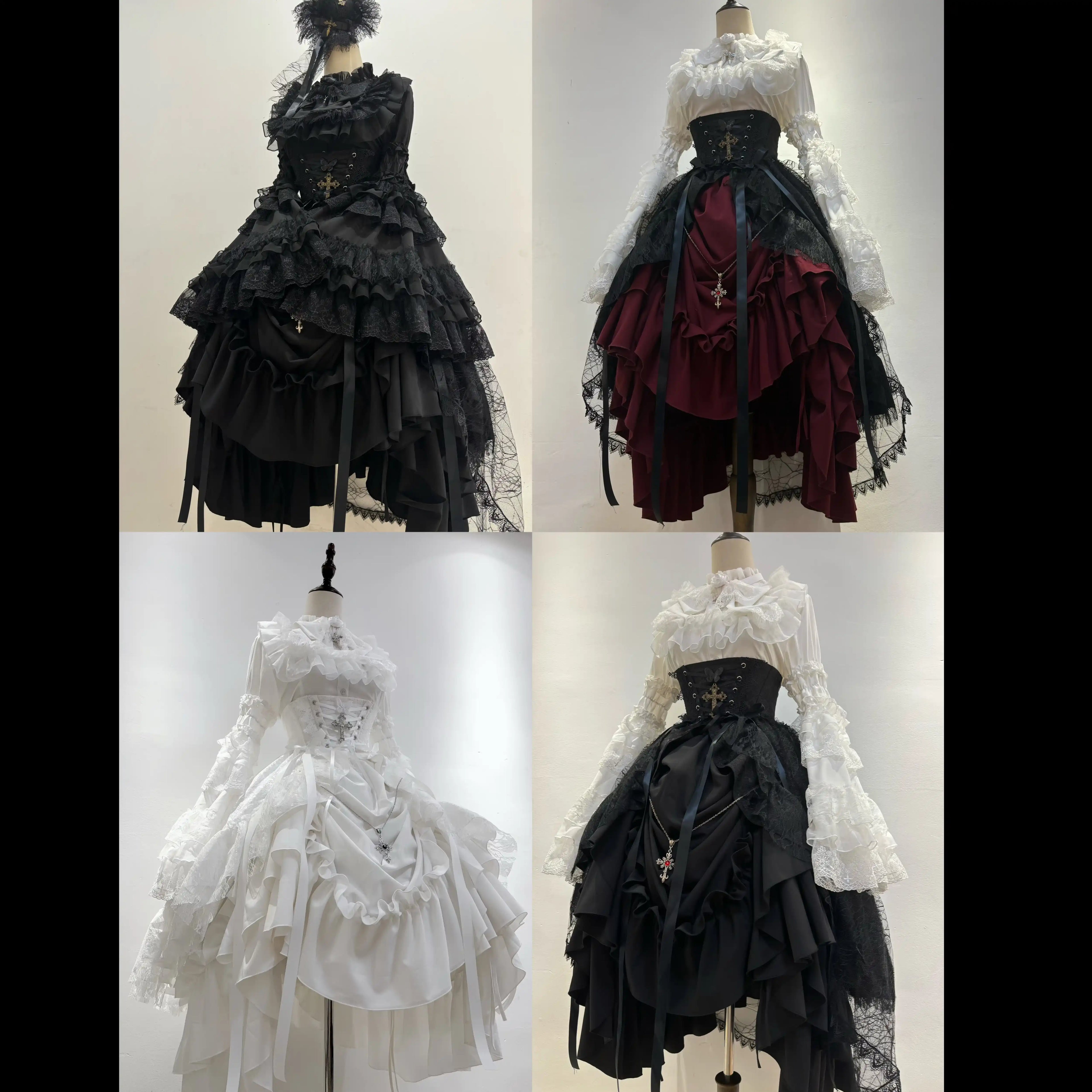 Gothic Lolita Schwarz Lang Abiballkleid Mit Spitze Rüschen Rokoko Halloween Kostüm 34-40