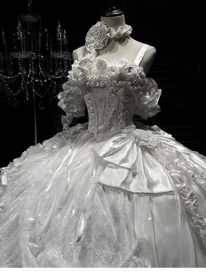 Hime Lolita Ballkleid Weiß Lang Ärmellos OP Hochzeit für Teeparty 34-44