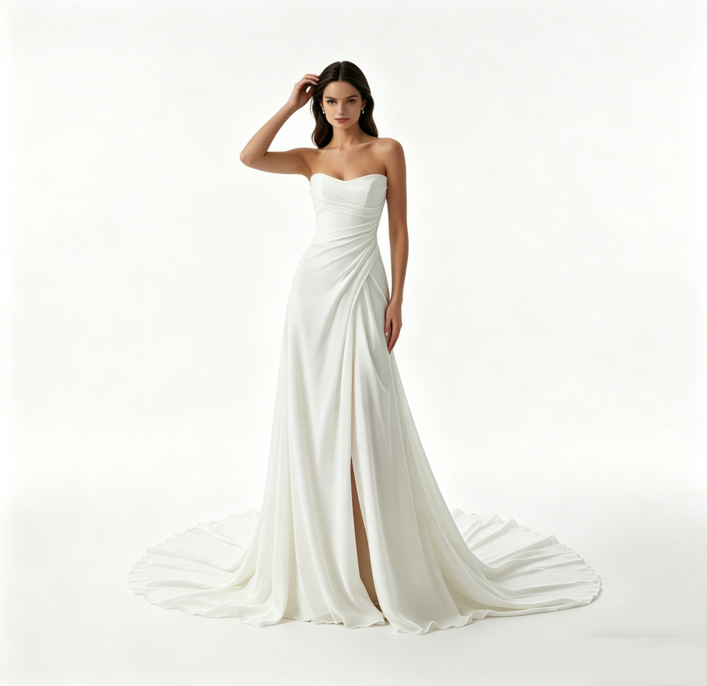 Exklusives weißes Satin-Maxikleid trägerlos mit Raffungen, elegantes bodenlanges Abendkleid mit Schlitz und Schleppe