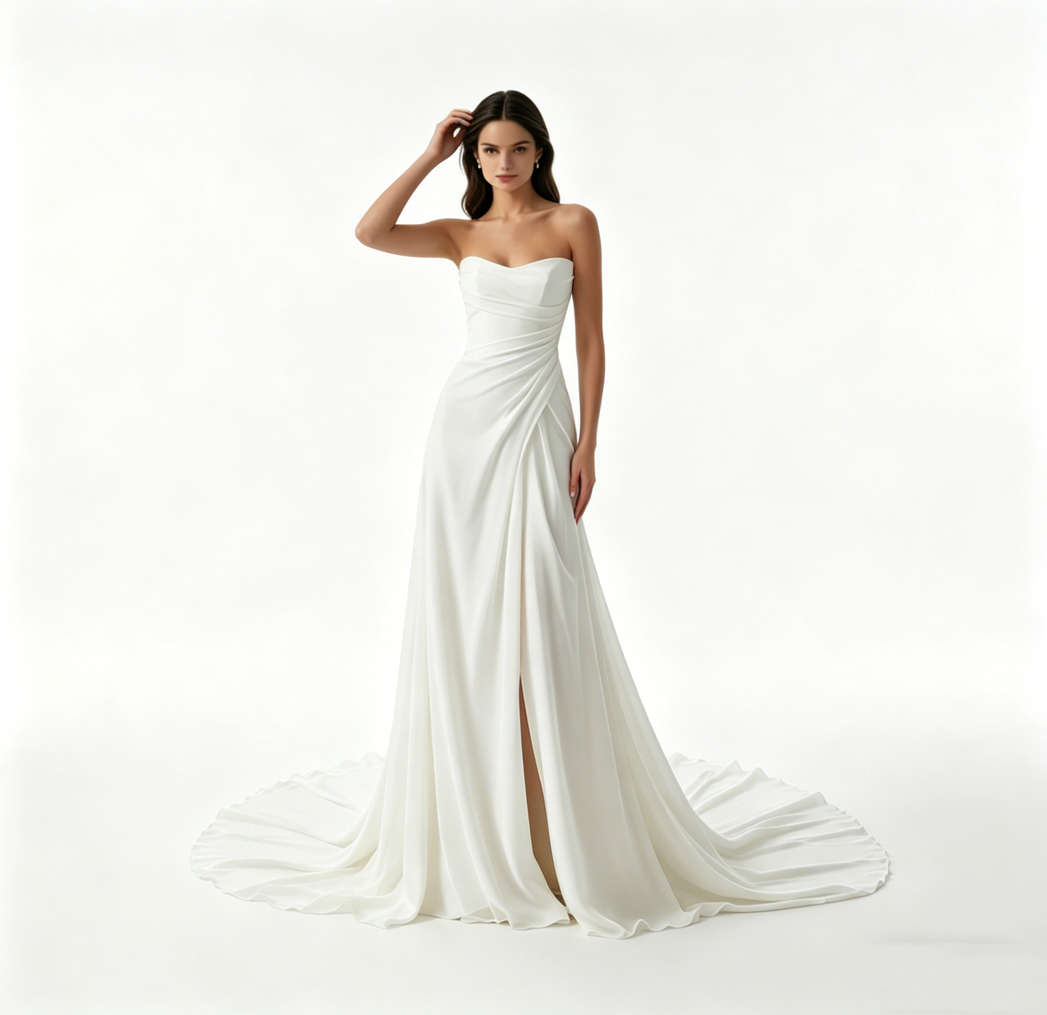 Exklusives weißes Satin-Maxikleid trägerlos mit Raffungen, elegantes bodenlanges Abendkleid mit Schlitz und Schleppe