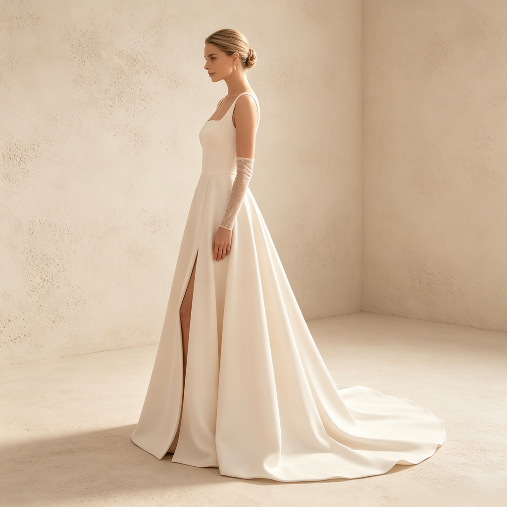 Minimalistisches Elfenbeinfarbenes A-Linie Abendkleid aus Satin mit Eckigem Ausschnitt und Beinschlitz