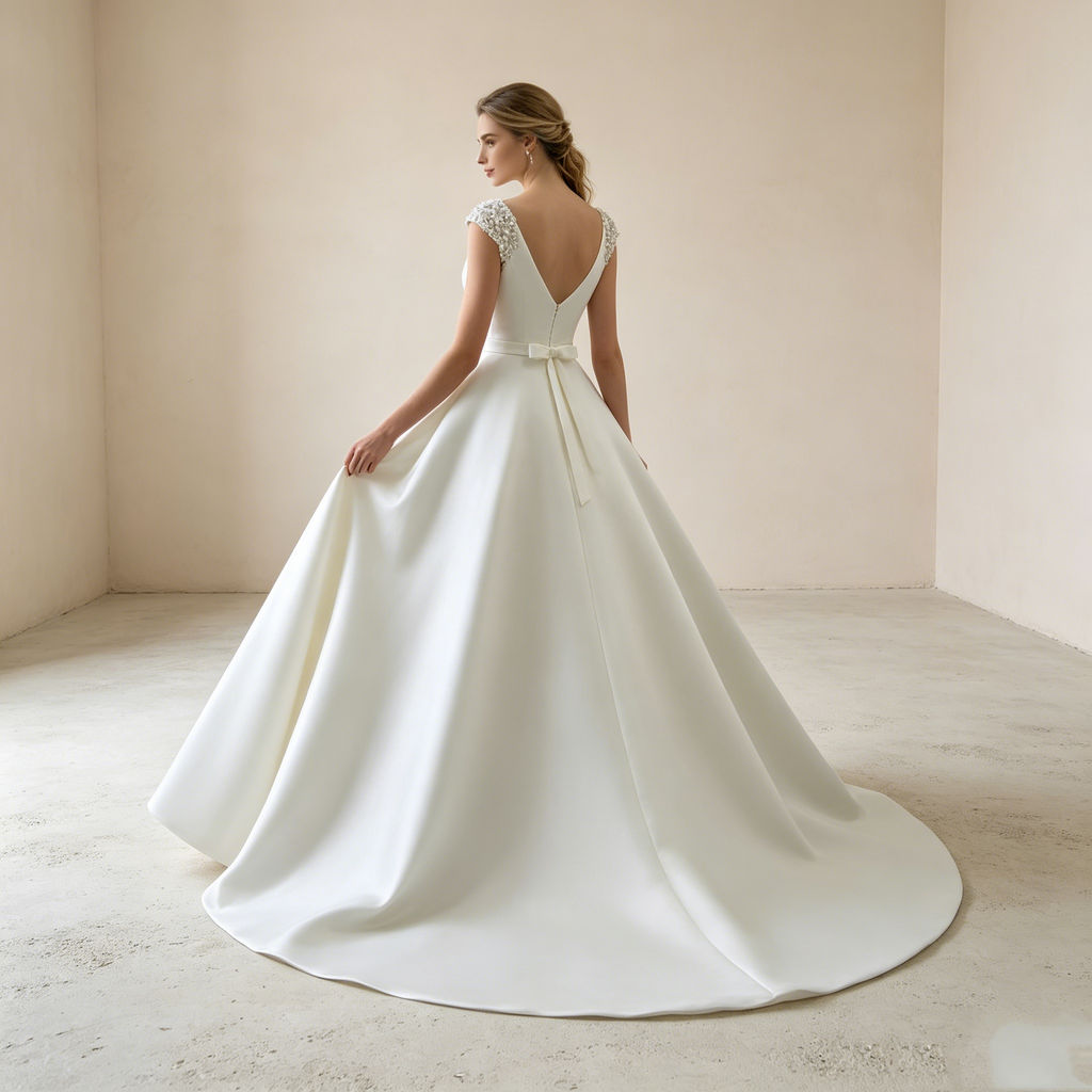 Edle Satin-Robe in Reinweiß: Bodenlanges Kleid mit Cap-Sleeves und luxuriösen Perlen-Verzierungen