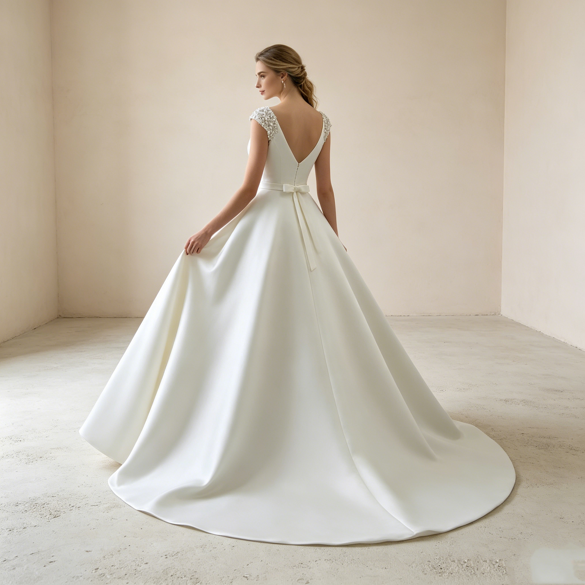Edle Satin-Robe in Reinweiß: Bodenlanges Kleid mit Cap-Sleeves und luxuriösen Perlen-Verzierungen