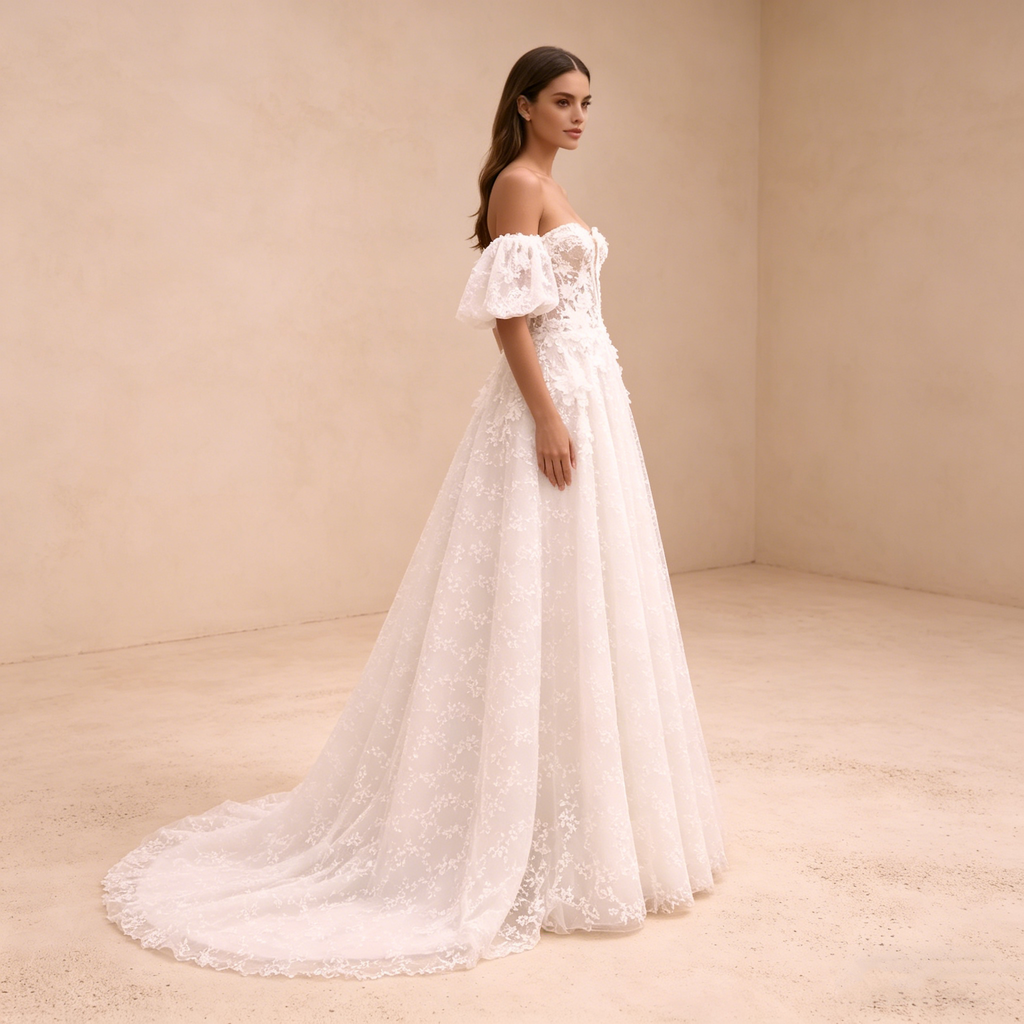 Exklusives Abendkleid mit Puffärmeln und floraler Stickerei, Elegante Galarobe mit tiefem Ausschnitt, Luxuriöses Maxikleid in Elfenbein