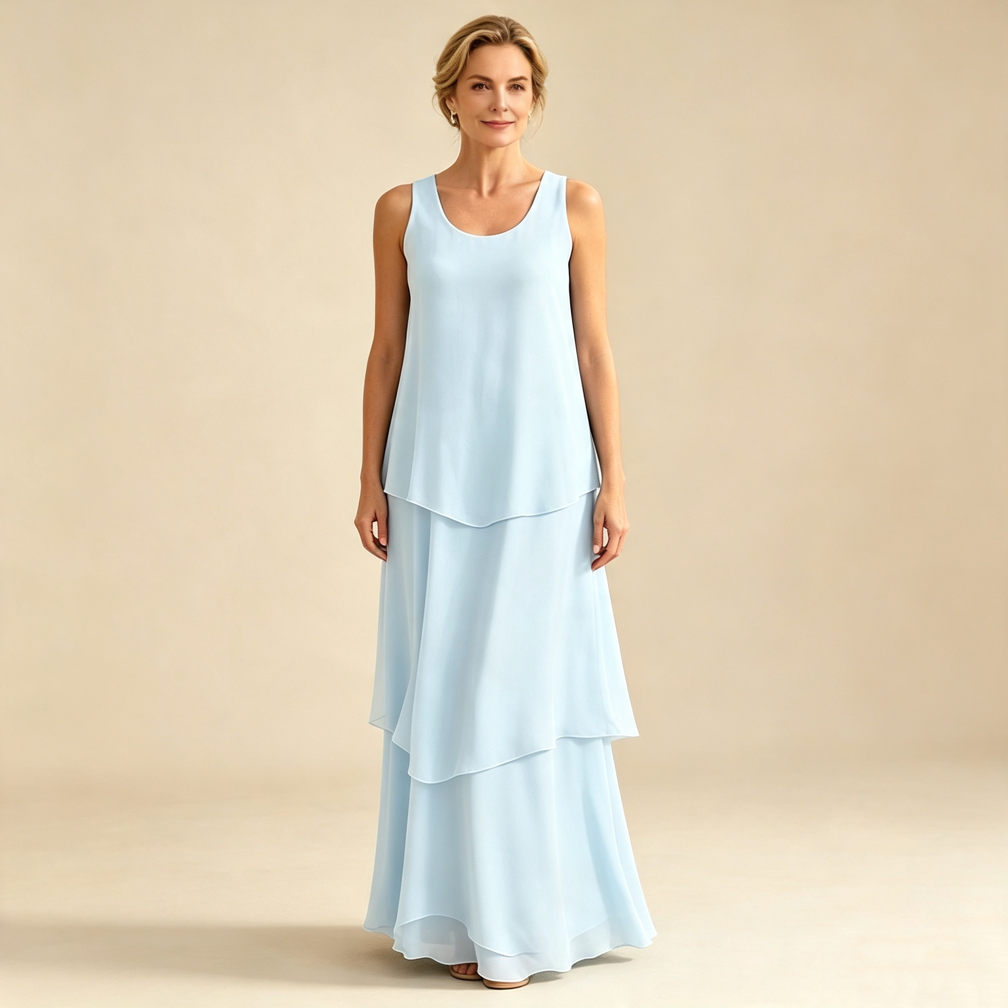 Ärmelloses mehrlagiges Maxikleid mit Rundhalsausschnitt für Damen Hellblau