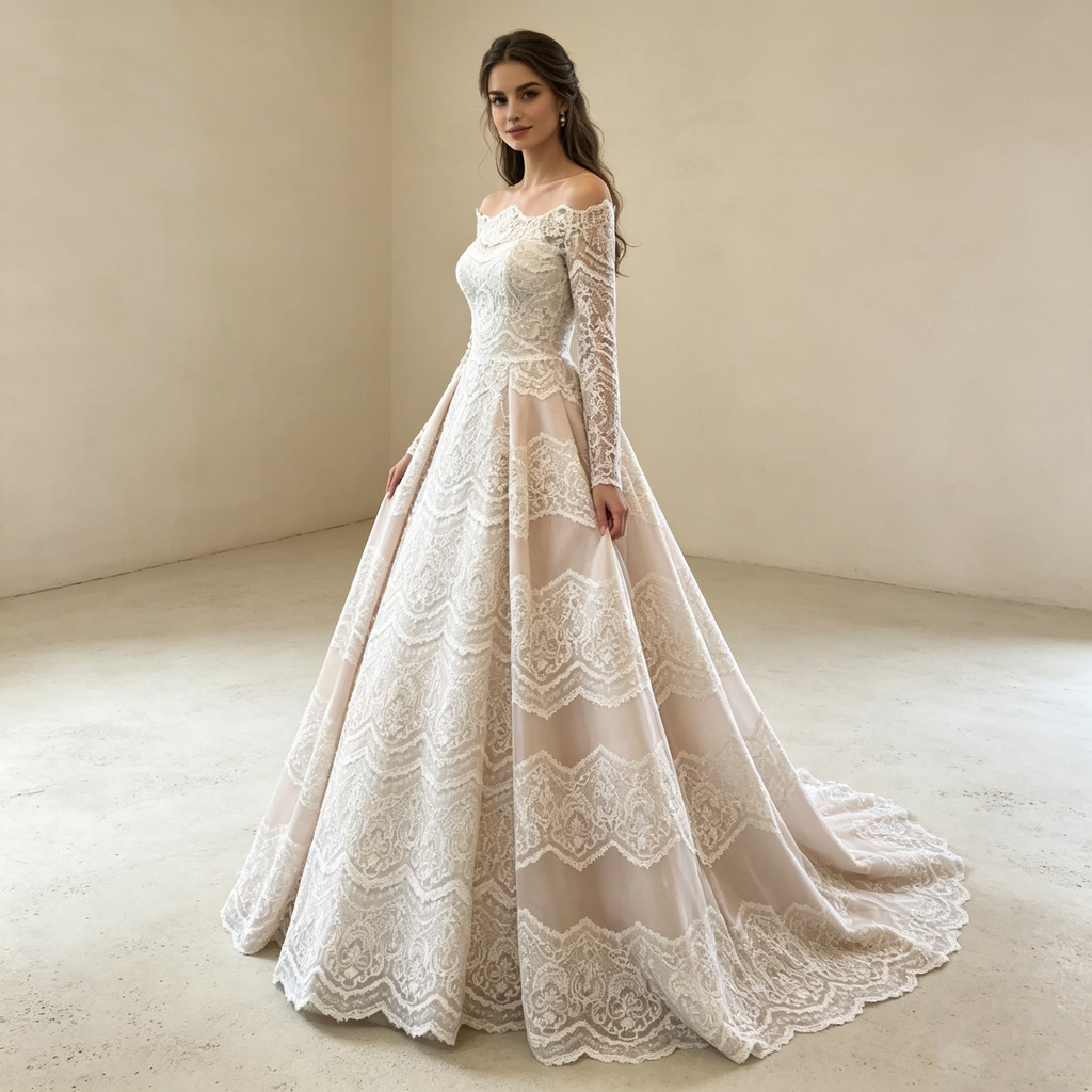 Textile Ästhetik in Weiß Elegante A Linie mit filigranen Ärmeln und kunstvoller Spitzenverarbeitung