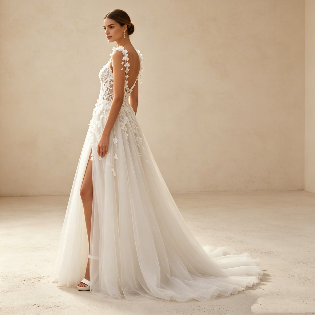 Eleganteg A-Linien Abendkleid mit 3D-Spitze und Beinschlitz