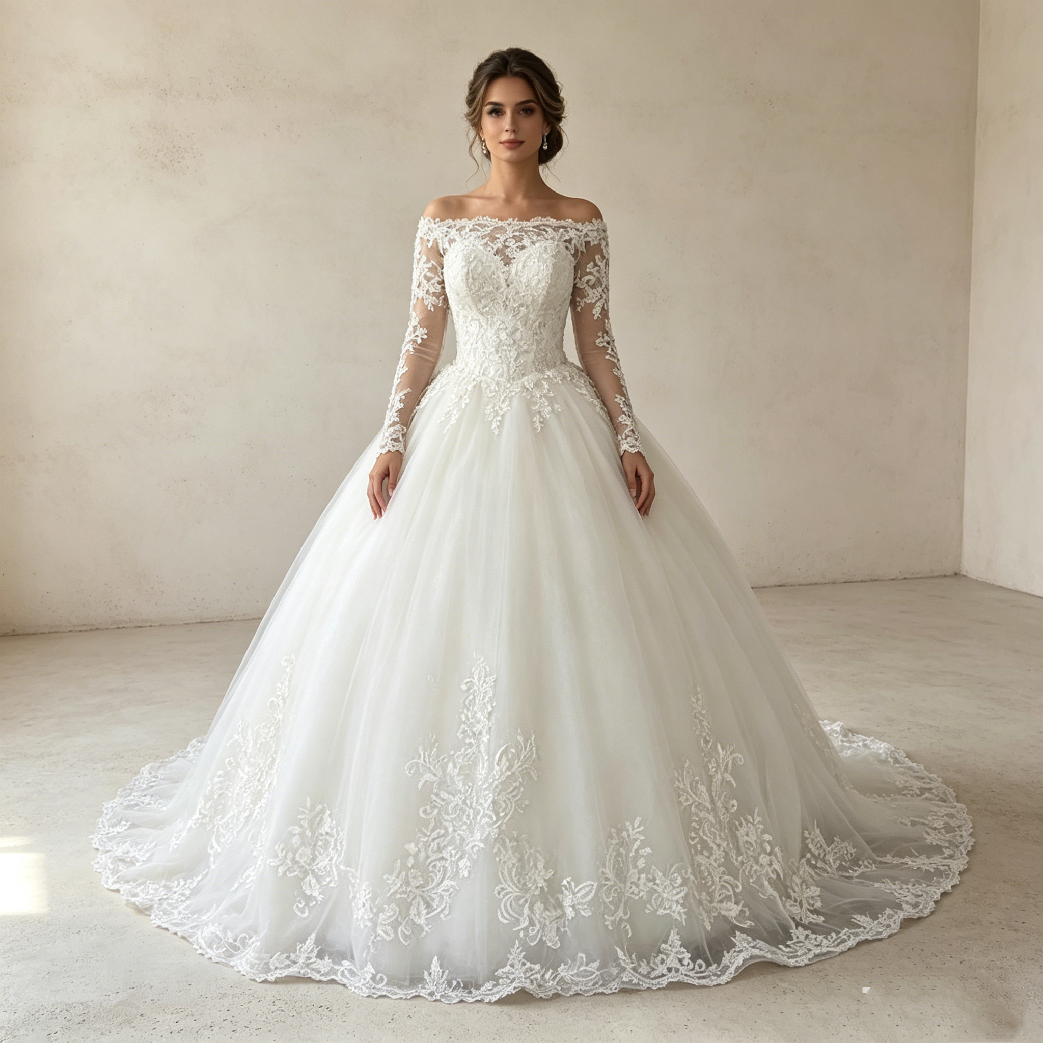 Erschwinglicher Traum in Weiß: Voluminöse Prinzessinnen-Robe mit eleganter Spitze und stilvollen Ärmeln