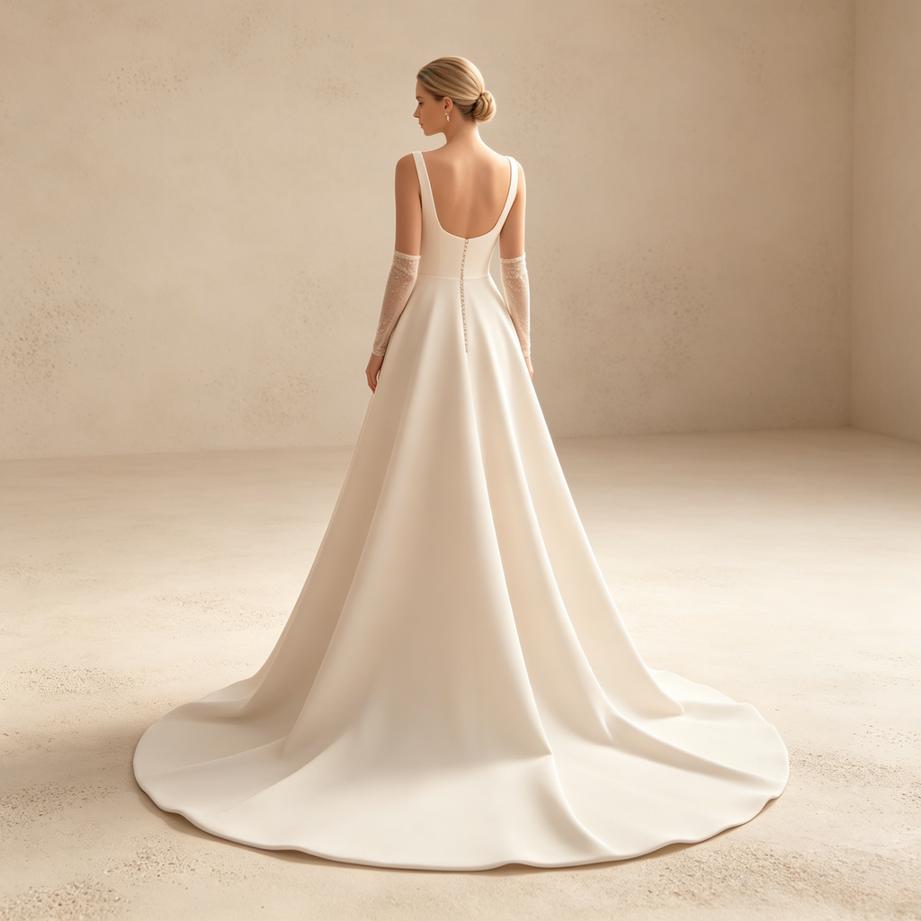 Minimalistisches Elfenbeinfarbenes A-Linie Abendkleid aus Satin mit Eckigem Ausschnitt und Beinschlitz