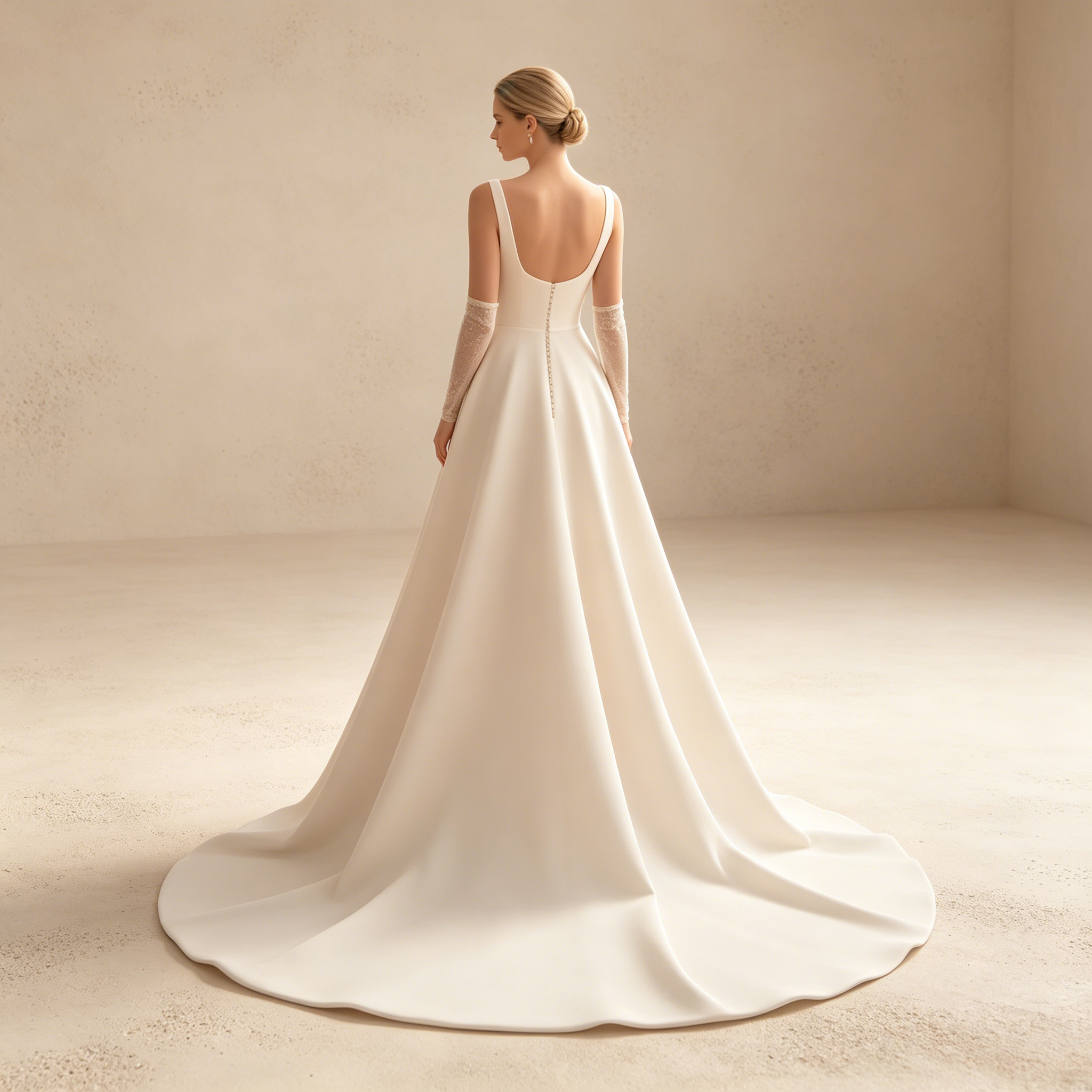 Minimalistisches Elfenbeinfarbenes A-Linie Abendkleid aus Satin mit Eckigem Ausschnitt und Beinschlitz