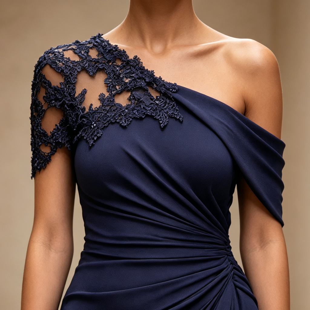 Abendkleid in Marineblau mit asymmetrischem Ausschnitt und Spitzen-Applikation