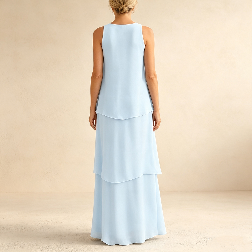 Ärmelloses mehrlagiges Maxikleid mit Rundhalsausschnitt für Damen Hellblau