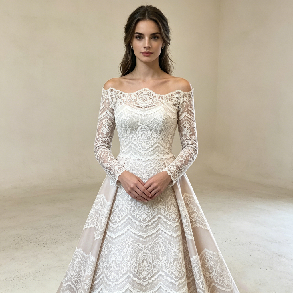 Textile Ästhetik in Weiß Elegante A Linie mit filigranen Ärmeln und kunstvoller Spitzenverarbeitung