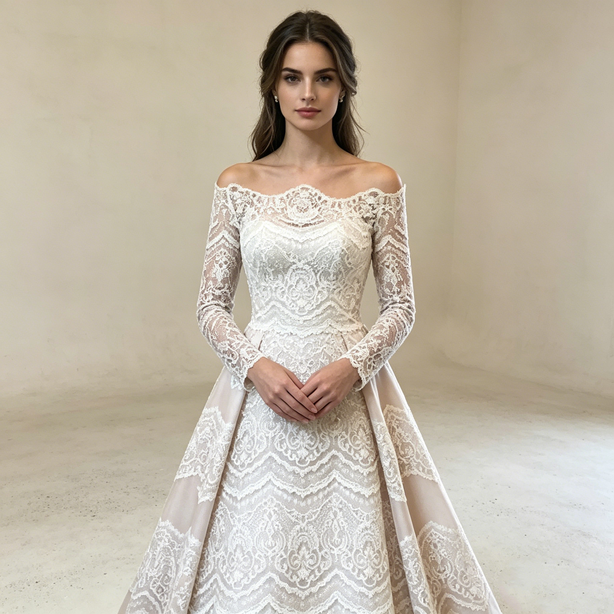 Textile Ästhetik in Weiß Elegante A Linie mit filigranen Ärmeln und kunstvoller Spitzenverarbeitung