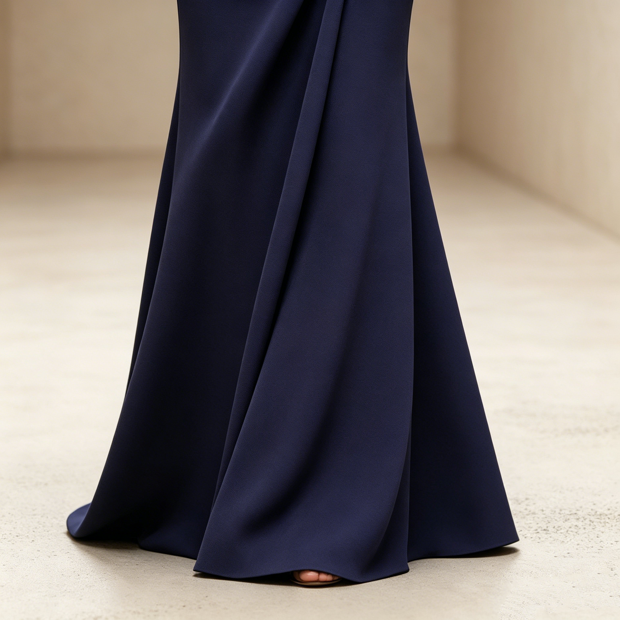 Abendkleid in Marineblau mit asymmetrischem Ausschnitt und Spitzen-Applikation