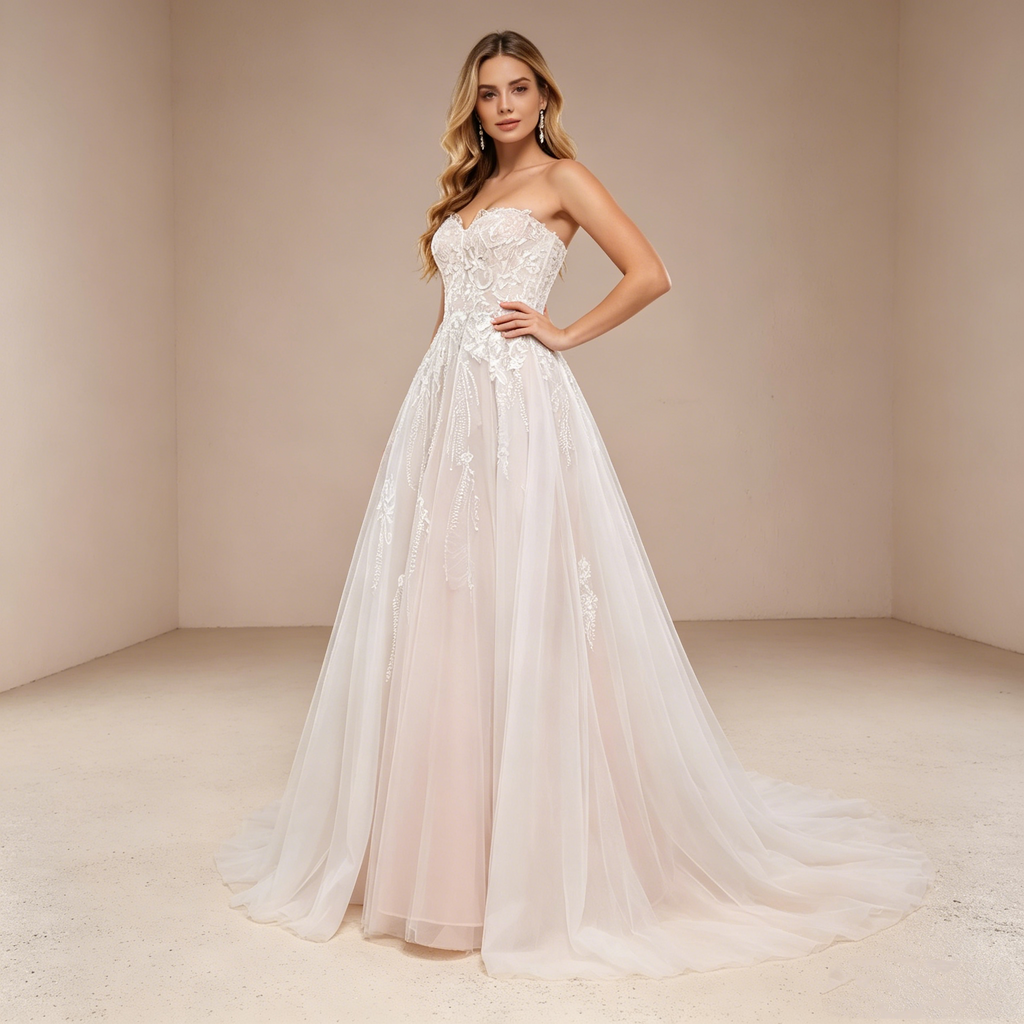 Elegantes trägerloses Abendkleid mit Spitzenstickerei und Herz-Ausschnitt