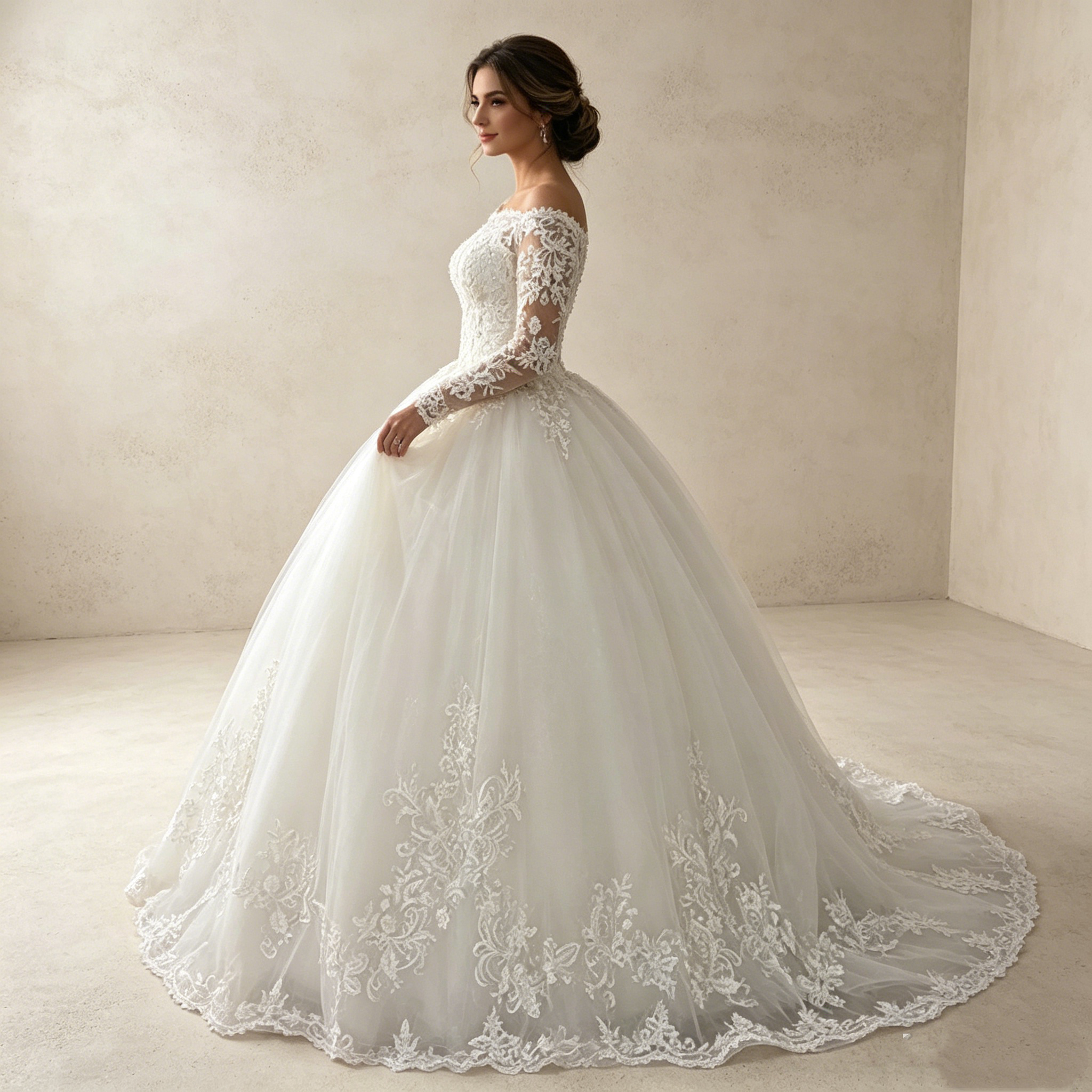 Erschwinglicher Traum in Weiß: Voluminöse Prinzessinnen-Robe mit eleganter Spitze und stilvollen Ärmeln
