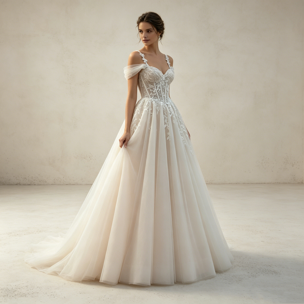 Märchenhafter Traum in Weiß: Romantische A-Linie mit Off-Shoulder-Design und zarten Tüll-Applikationen