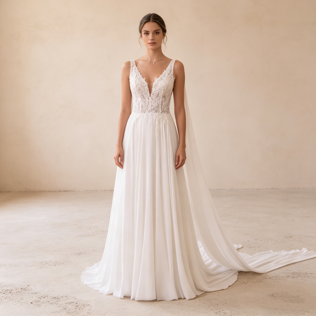 Elegantes Abendkleid mit V-Ausschnitt und Spitzenoberteil, Romantische Galarobe in Elfenbein, Fließendes Maxikleid mit transparentem Rücken