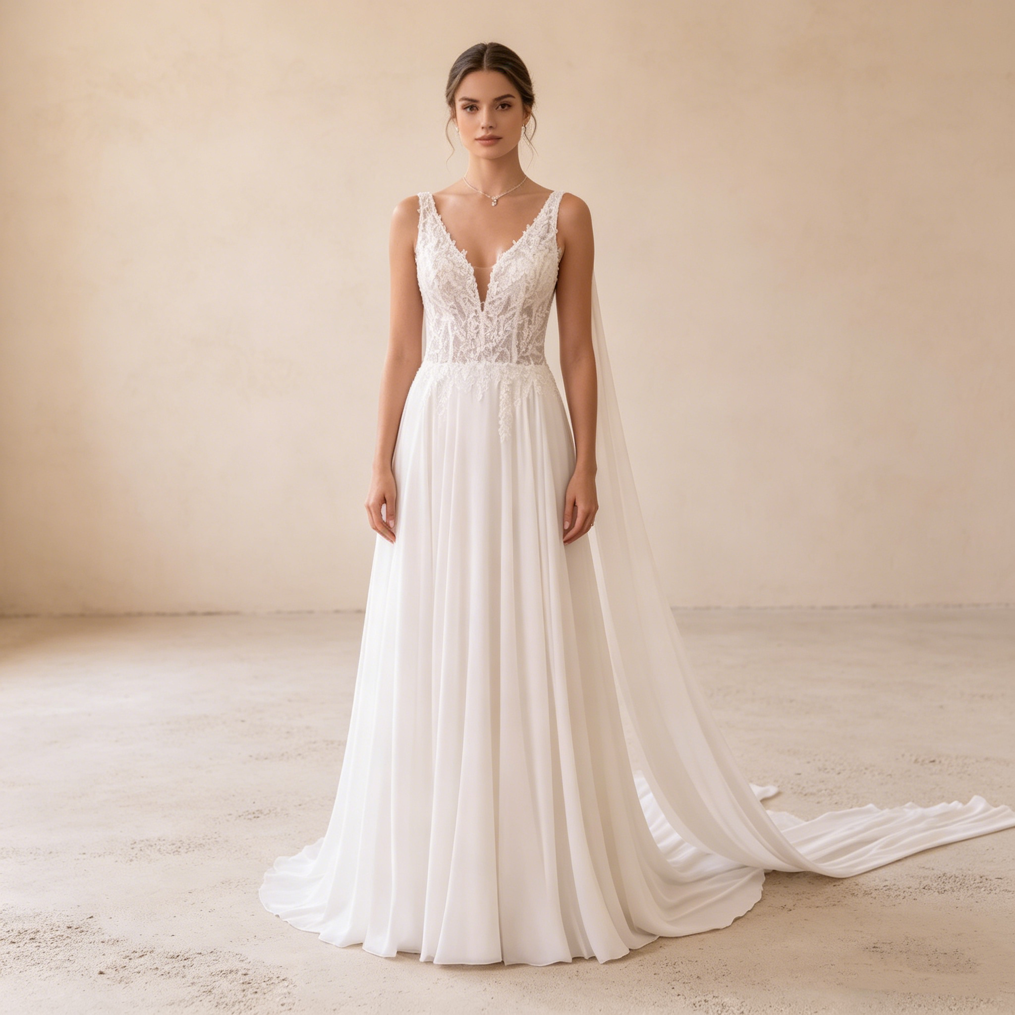 Elegantes Abendkleid mit V-Ausschnitt und Spitzenoberteil, Romantische Galarobe in Elfenbein, Fließendes Maxikleid mit transparentem Rücken