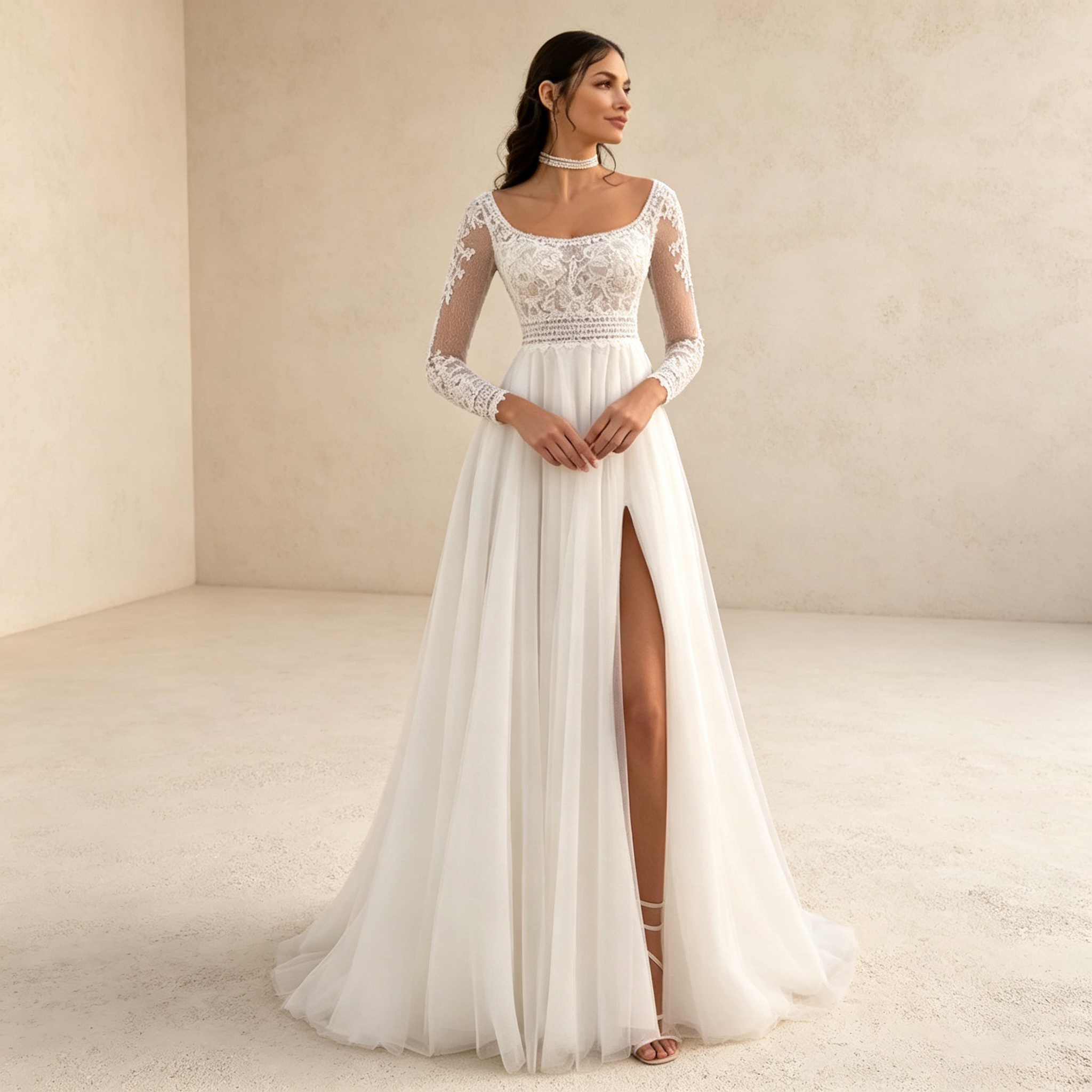 Elegantes A-Linien Abendkleid mit Spitzenärmeln und Hohem Beinschlitz