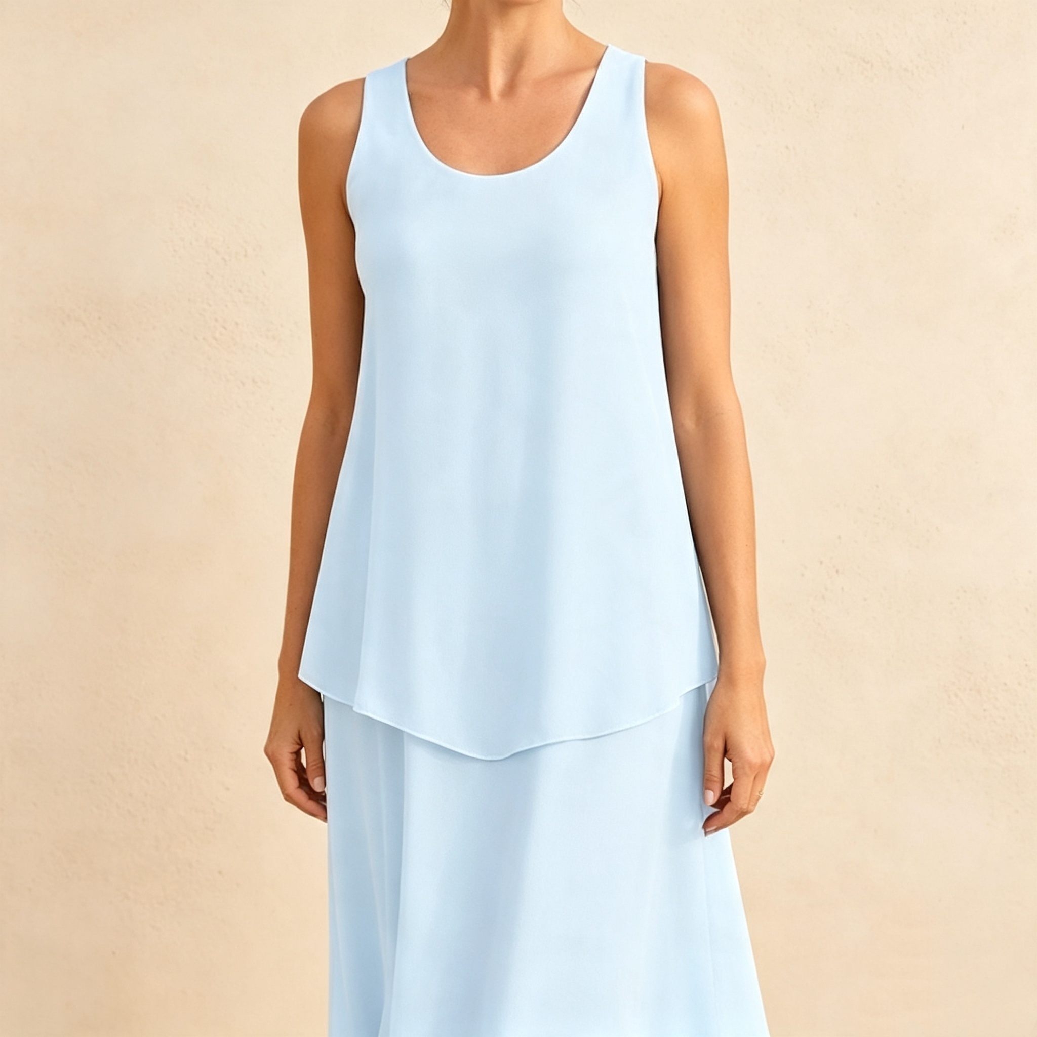 Ärmelloses mehrlagiges Maxikleid mit Rundhalsausschnitt für Damen Hellblau