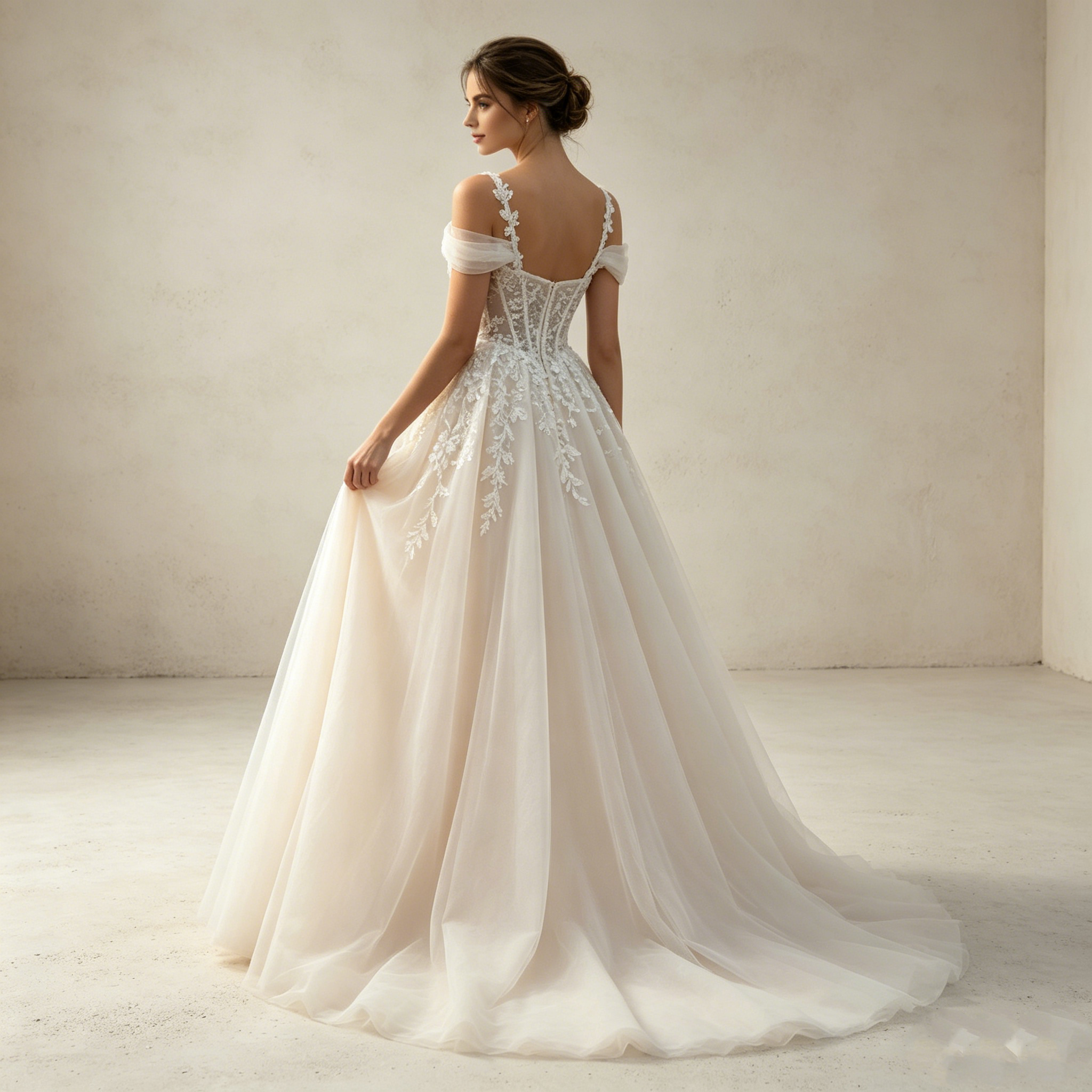 Märchenhafter Traum in Weiß: Romantische A-Linie mit Off-Shoulder-Design und zarten Tüll-Applikationen