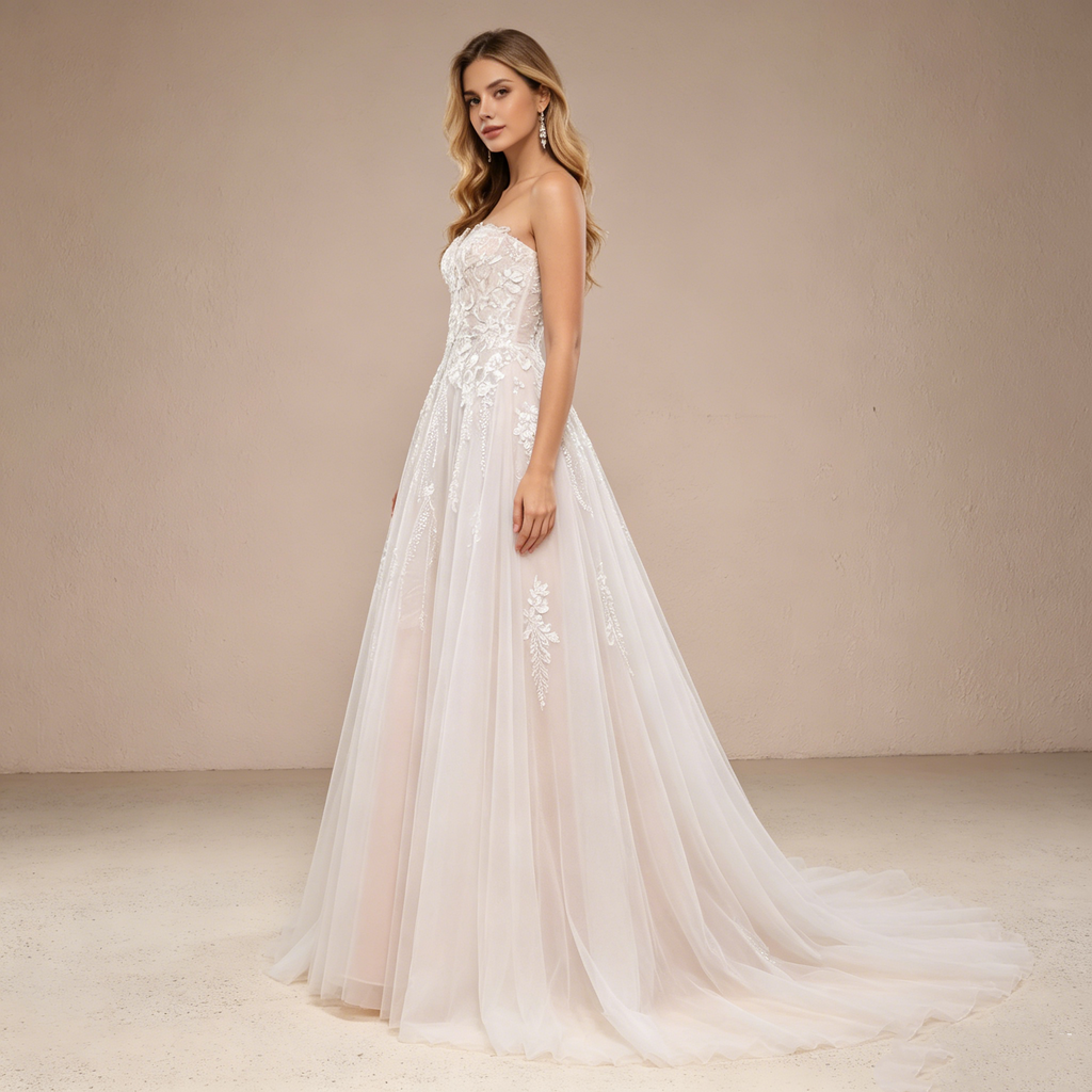Elegantes trägerloses Abendkleid mit Spitzenstickerei und Herz-Ausschnitt