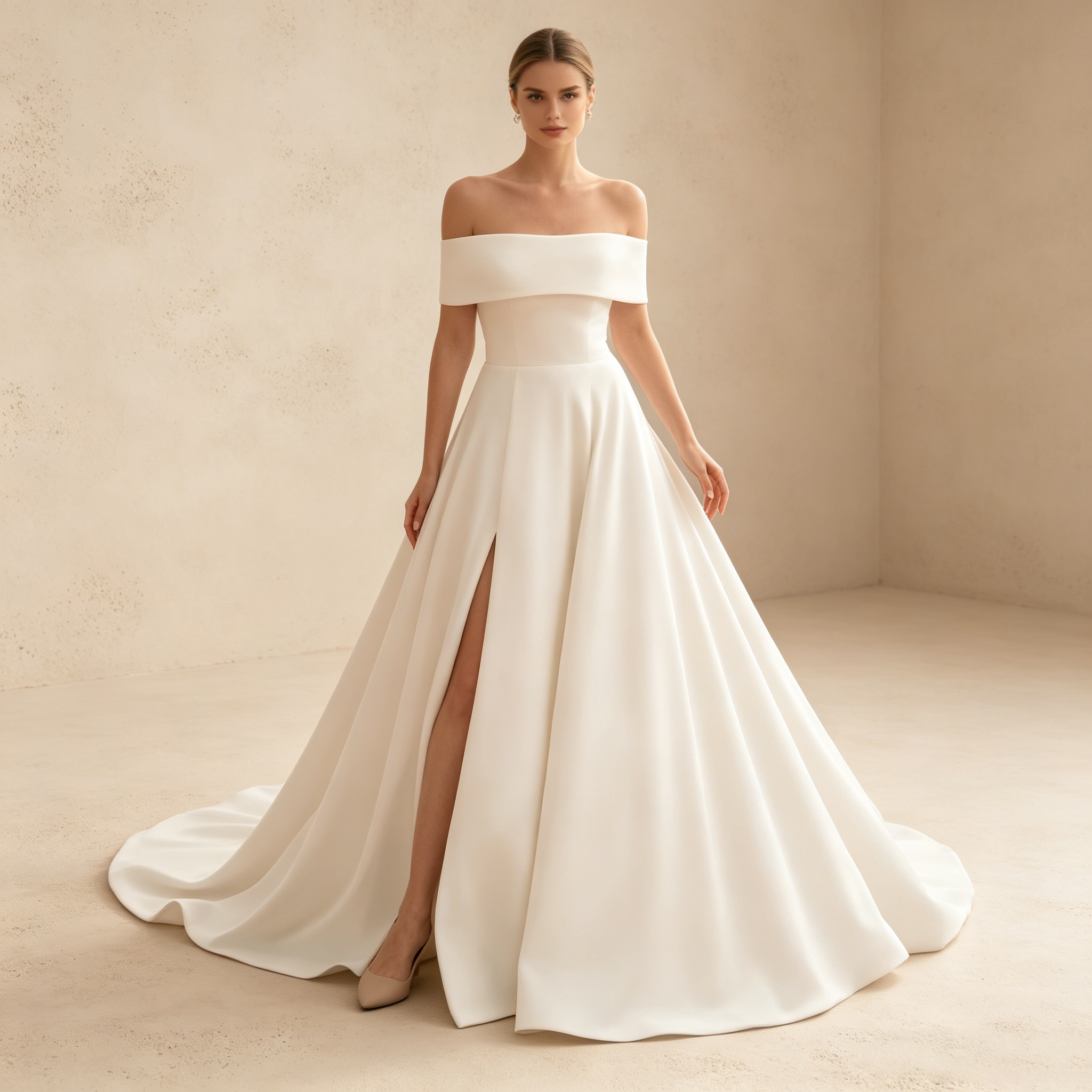 Minimalistisches Elfenbeinfarbenes A-Linie Abendkleid aus Satin mit Schulterfreiem Ausschnitt und Beinschlitz