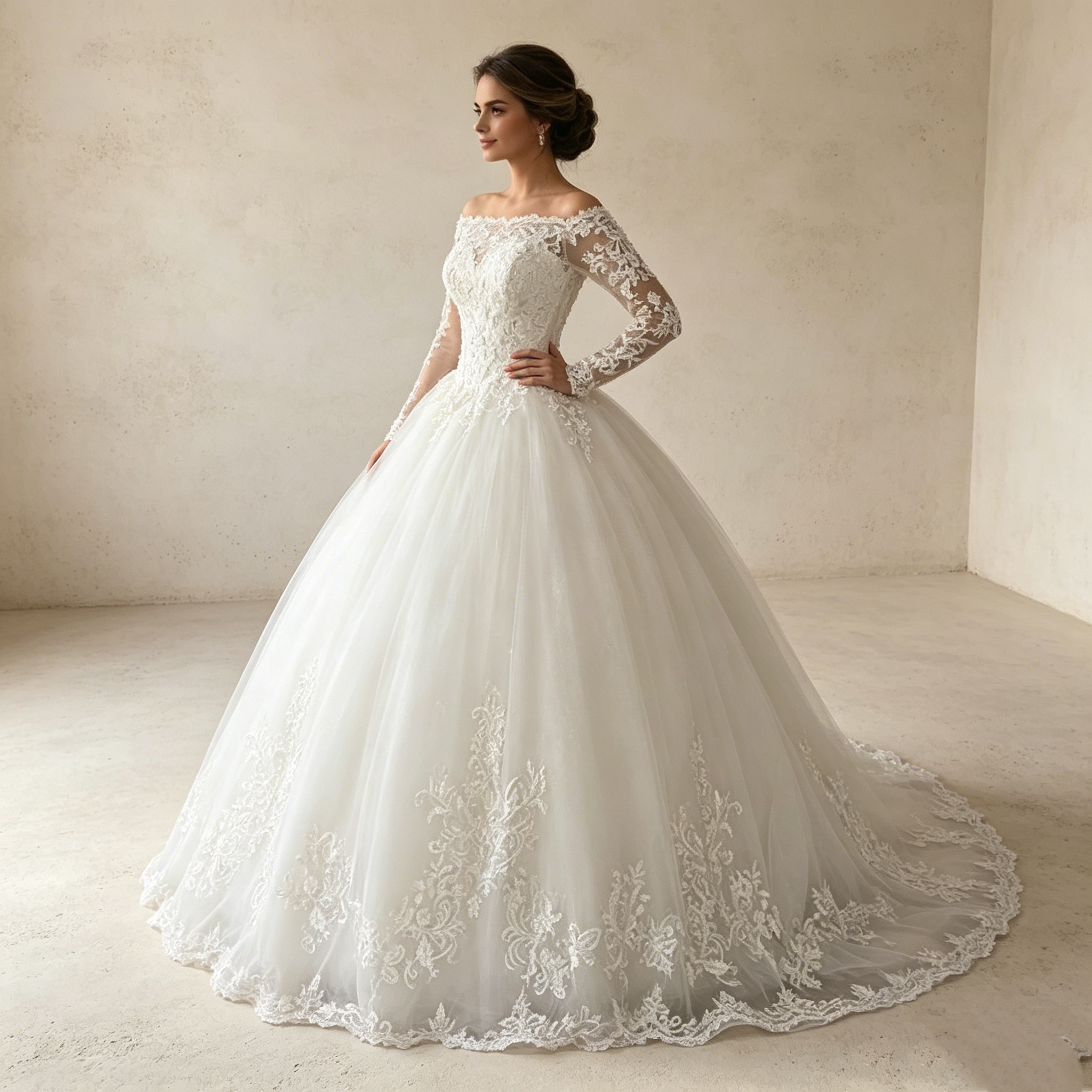 Erschwinglicher Traum in Weiß: Voluminöse Prinzessinnen-Robe mit eleganter Spitze und stilvollen Ärmeln