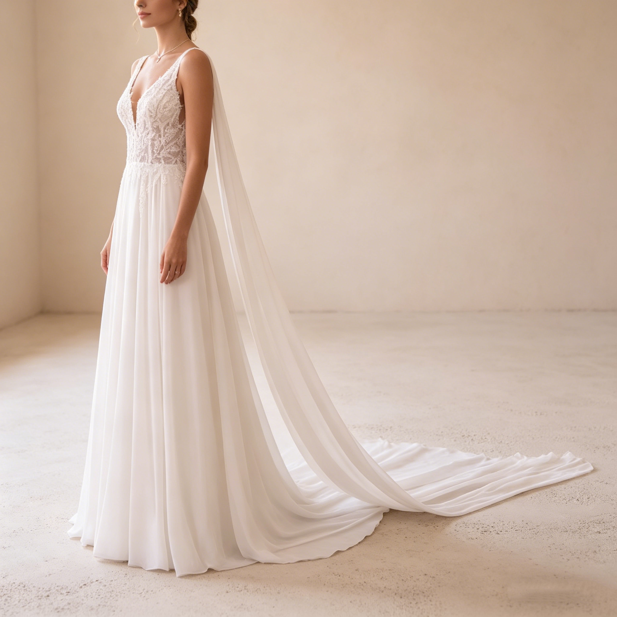 Elegantes Abendkleid mit V-Ausschnitt und Spitzenoberteil, Romantische Galarobe in Elfenbein, Fließendes Maxikleid mit transparentem Rücken