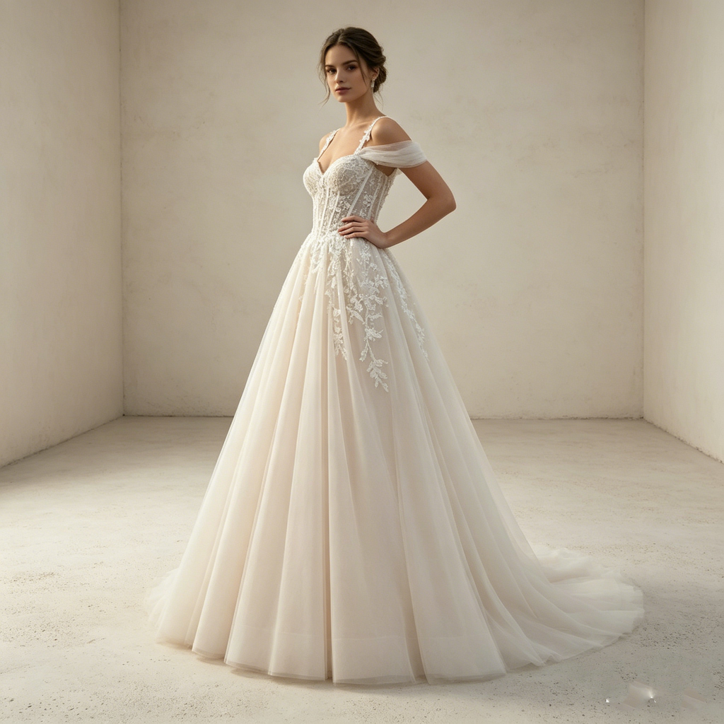Märchenhafter Traum in Weiß: Romantische A-Linie mit Off-Shoulder-Design und zarten Tüll-Applikationen