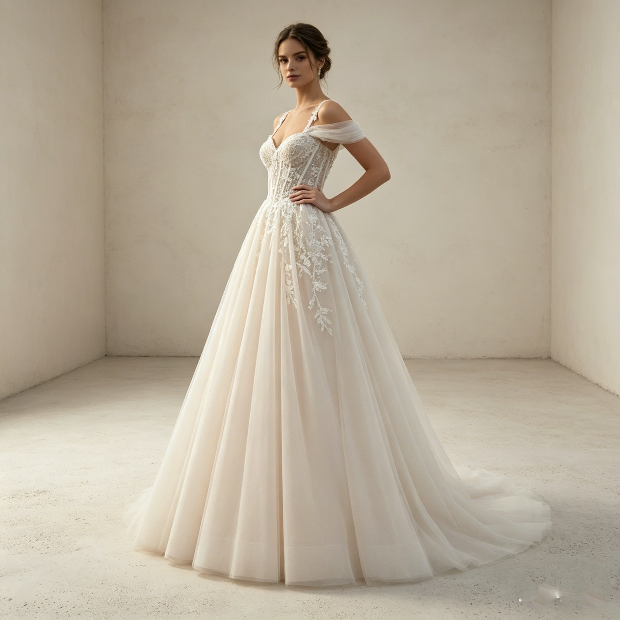 Märchenhafter Traum in Weiß: Romantische A-Linie mit Off-Shoulder-Design und zarten Tüll-Applikationen
