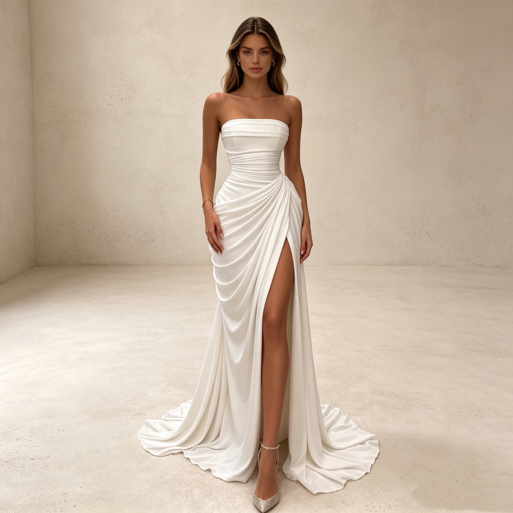 Abendkleid in Weiß mit trägerlosem Herzausschnitt und hohem Beinschlitz