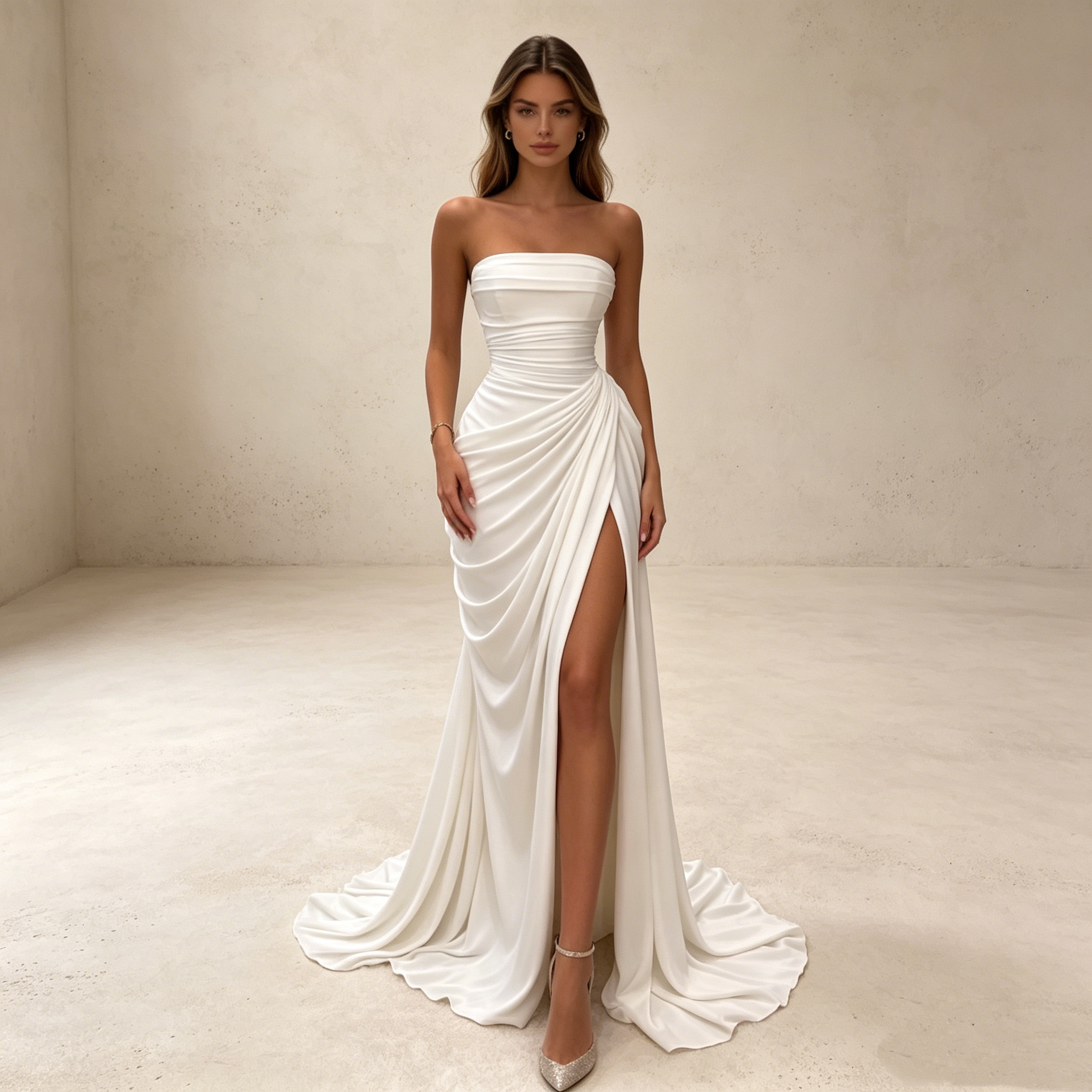 Abendkleid in Weiß mit trägerlosem Herzausschnitt und hohem Beinschlitz