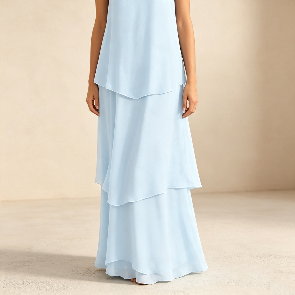 Ärmelloses mehrlagiges Maxikleid mit Rundhalsausschnitt für Damen Hellblau