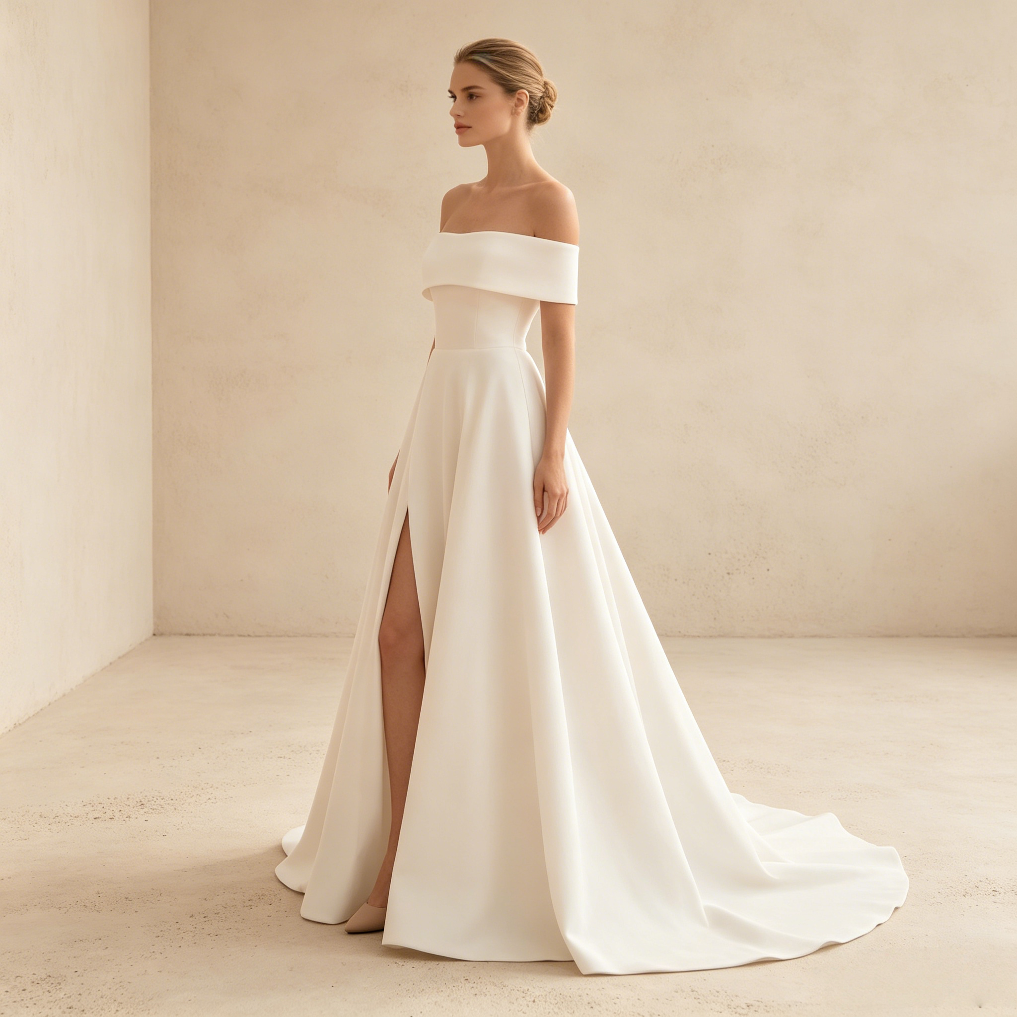 Minimalistisches Elfenbeinfarbenes A-Linie Abendkleid aus Satin mit Schulterfreiem Ausschnitt und Beinschlitz