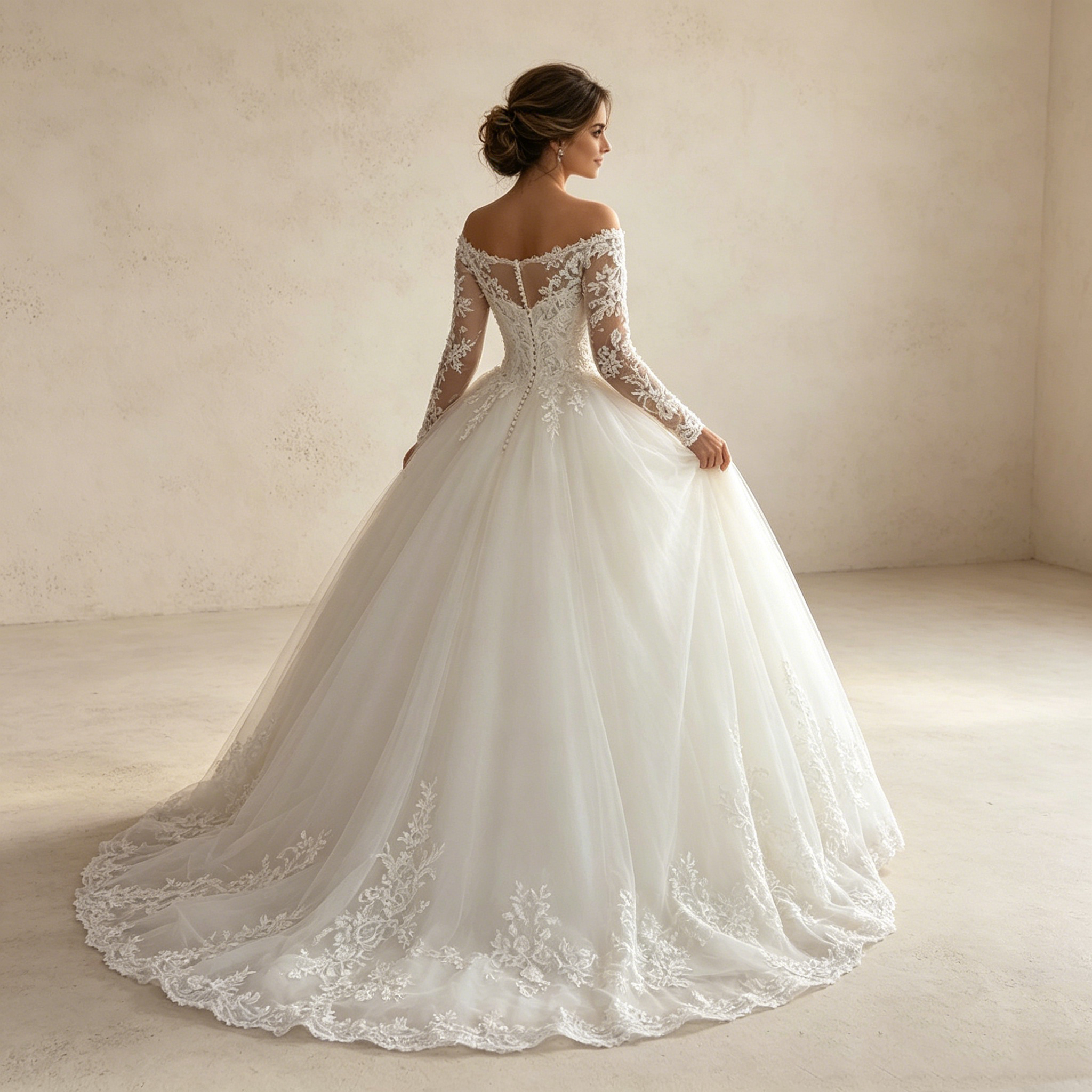 Erschwinglicher Traum in Weiß: Voluminöse Prinzessinnen-Robe mit eleganter Spitze und stilvollen Ärmeln