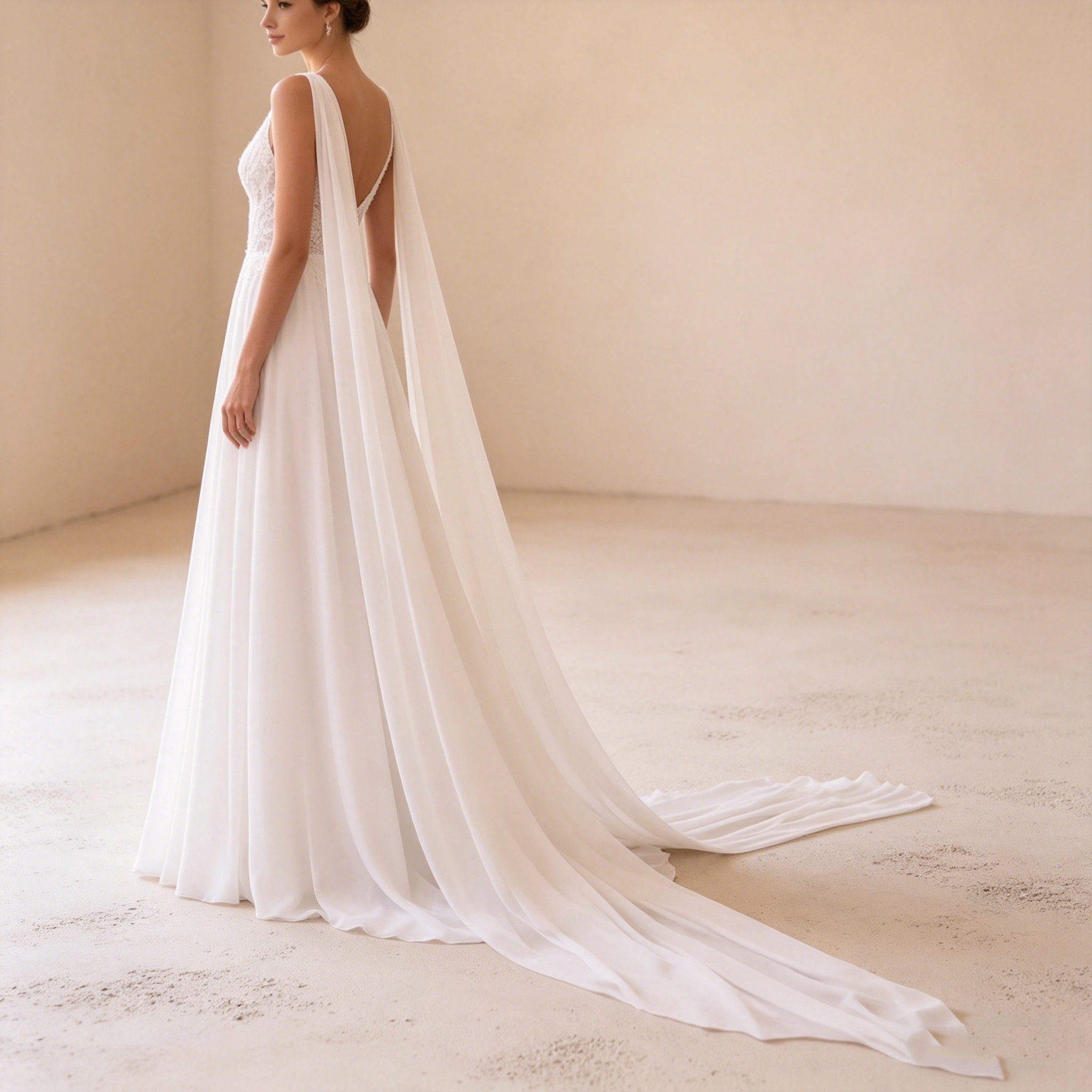 Elegantes Abendkleid mit V-Ausschnitt und Spitzenoberteil, Romantische Galarobe in Elfenbein, Fließendes Maxikleid mit transparentem Rücken
