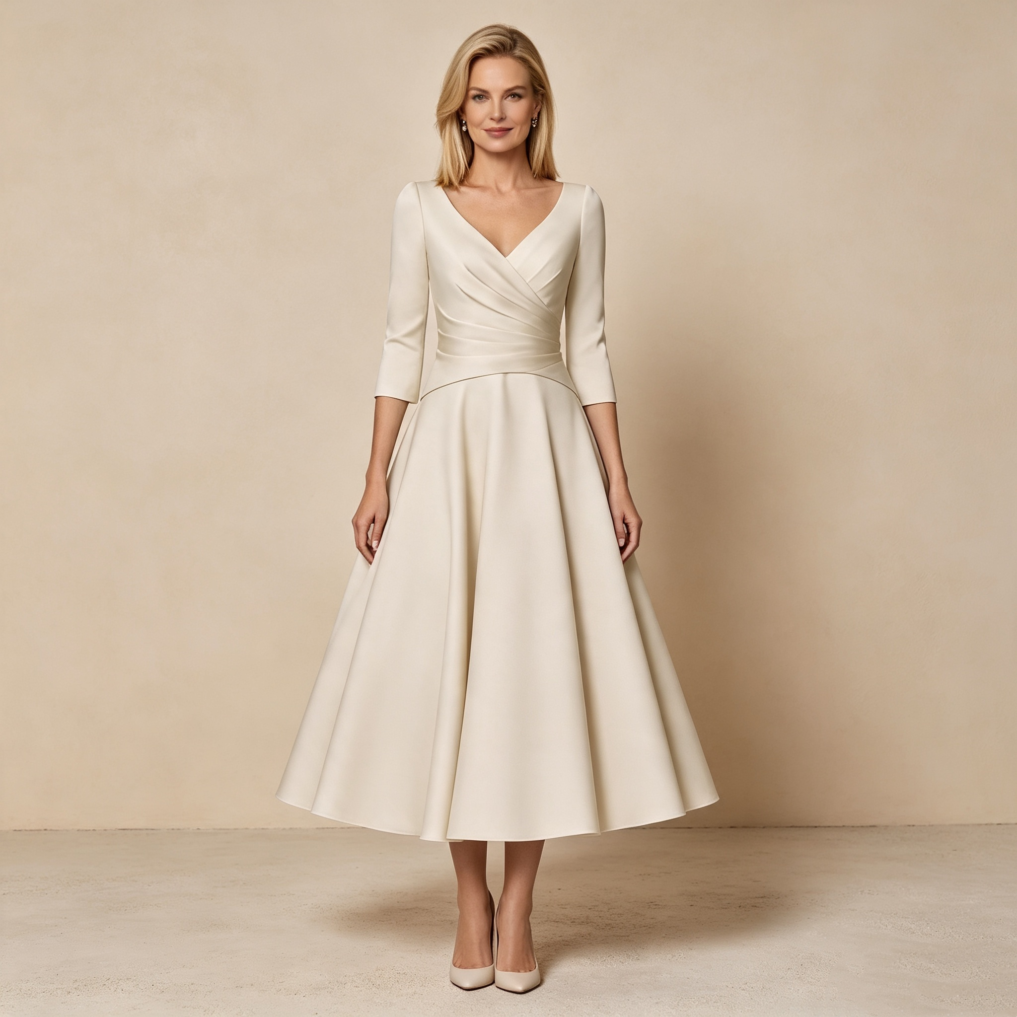 Cremefarbenes 3/4-Arm Festkleid mit V-Ausschnitt und Taillenfalten für Damen
