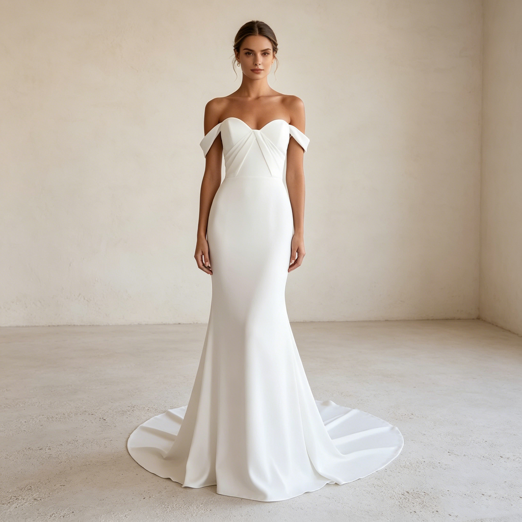 Weißer Boho-Traum: Figurbetontes Mermaid-Kleid mit elegantem Off-Shoulder-Schnitt für natürliche Eleganz