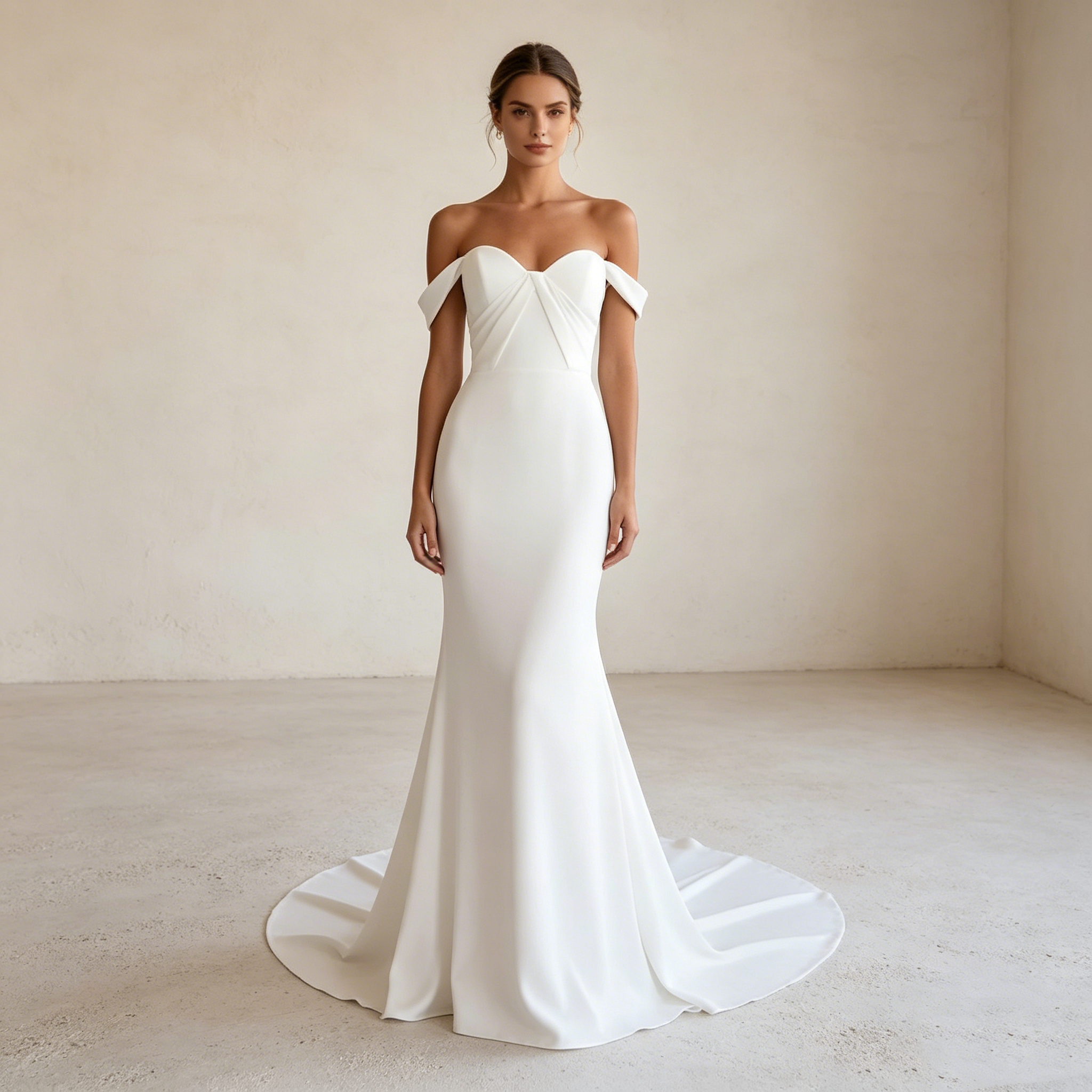 Weißer Boho-Traum: Figurbetontes Mermaid-Kleid mit elegantem Off-Shoulder-Schnitt für natürliche Eleganz